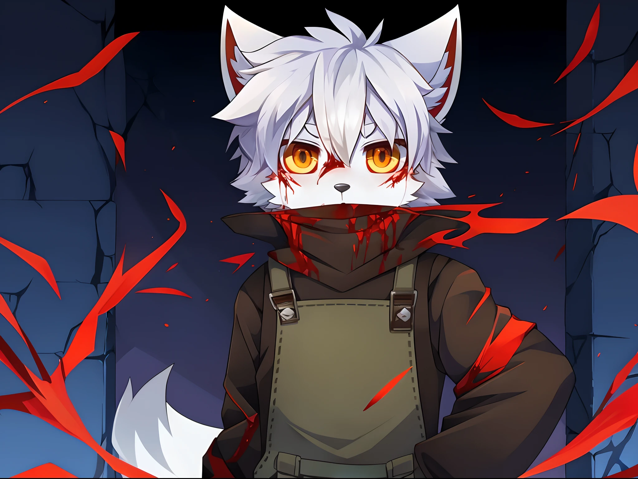 terroral，blood vess，Be covered in blood，The corners of his mouth were stained with blood，solo person，White body，White ears，White hair，White fur，Overall white，Orange-yellow eyes，Wolf tail，Wolf orcs，Wolf paws，Young，Wear a jacket，Ultra-clear screen，Soft lines