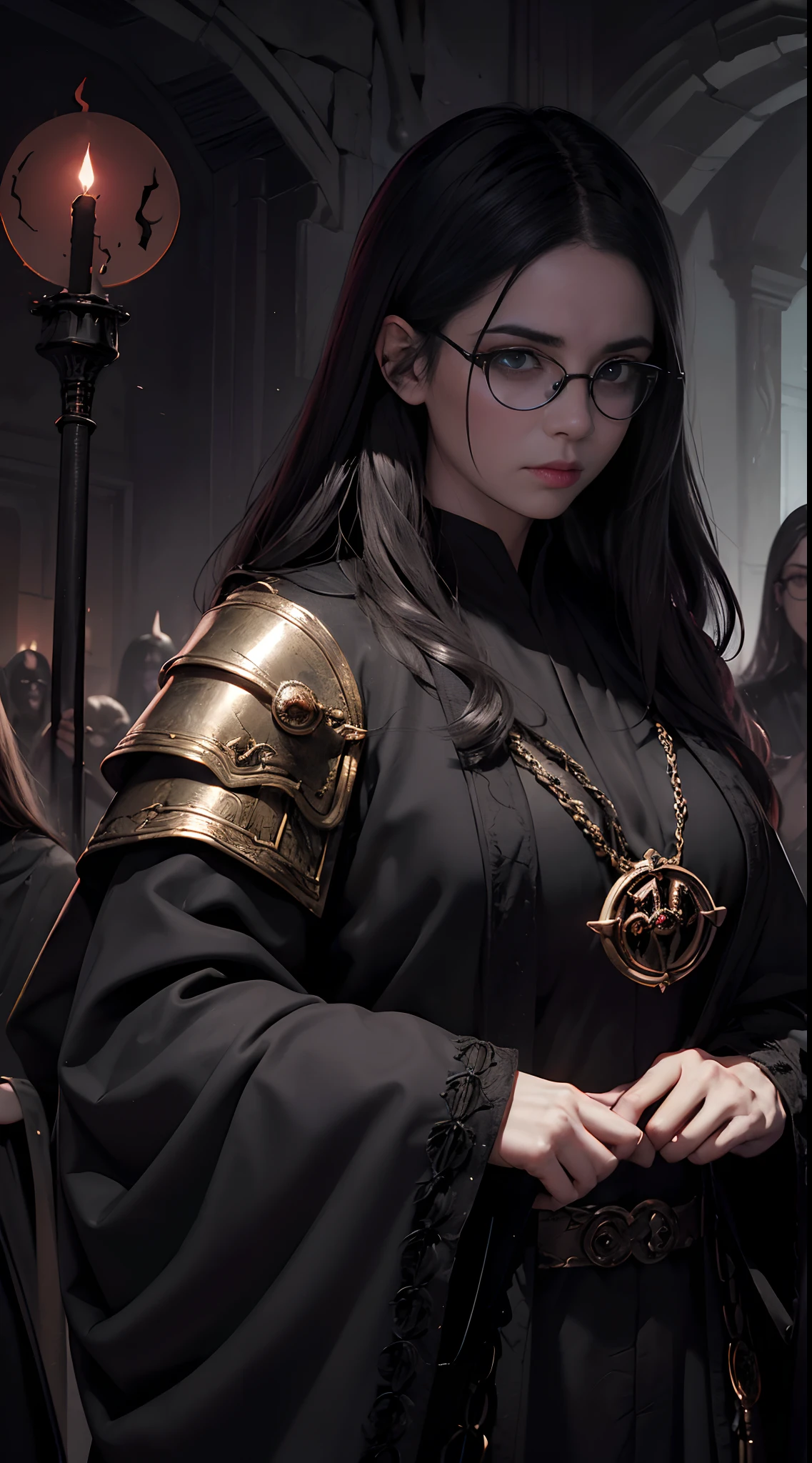 Female naked, Thorough, Horror , Lord of Darkness , ikun ,Dungeon and Dragons, Dungeon,high details, 、((((black-rimmed round glasses))))、Old robes, Dark Necromancer, detailliert, High Details, Old robes, Powerful person々, Dungeon, darkness, Bloods