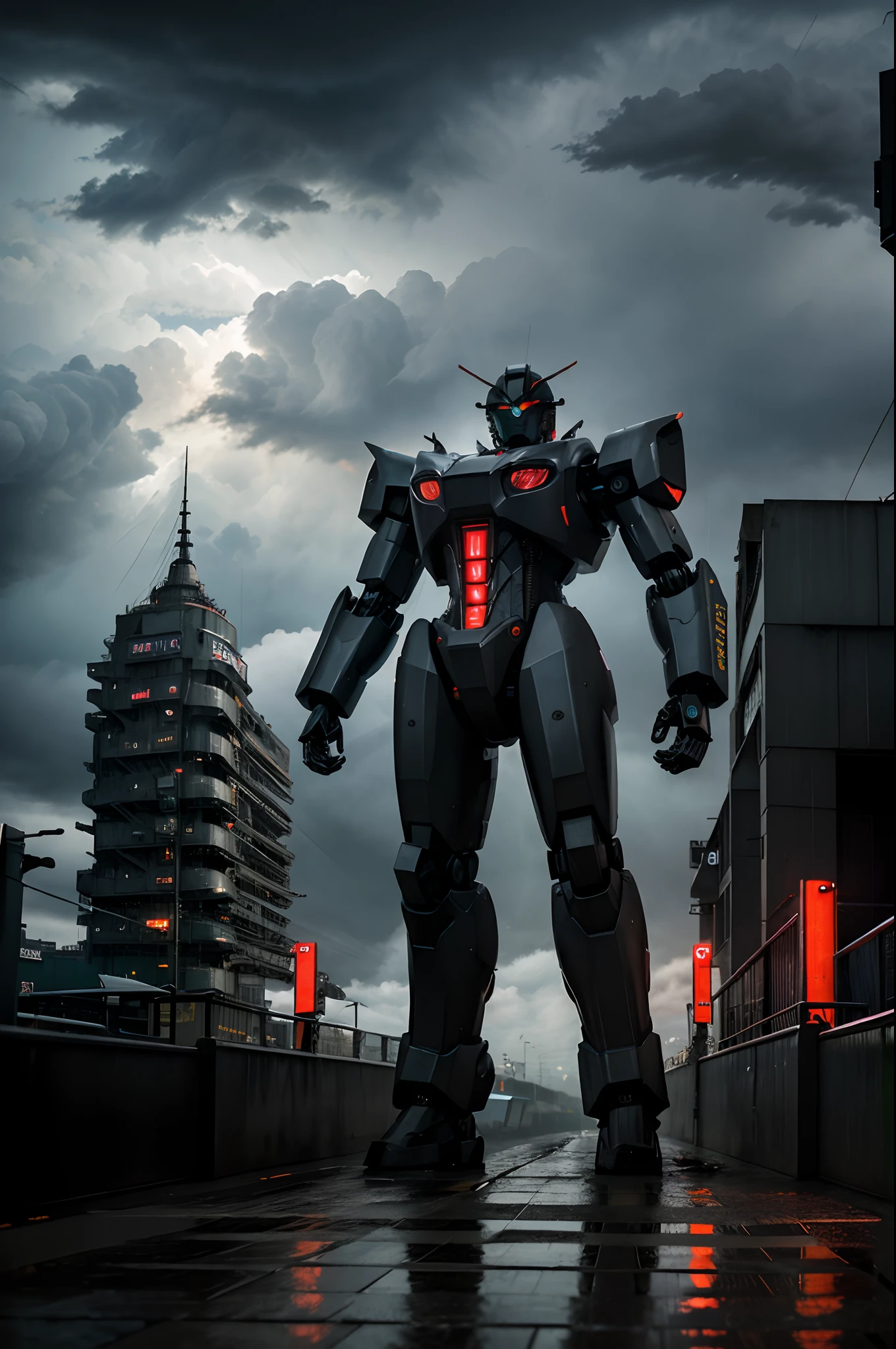 huge mecha robot on the horizon, storm around, rain, gloomy sky, low clouds, lights on the platform, cyberpunk, neon, brutalism