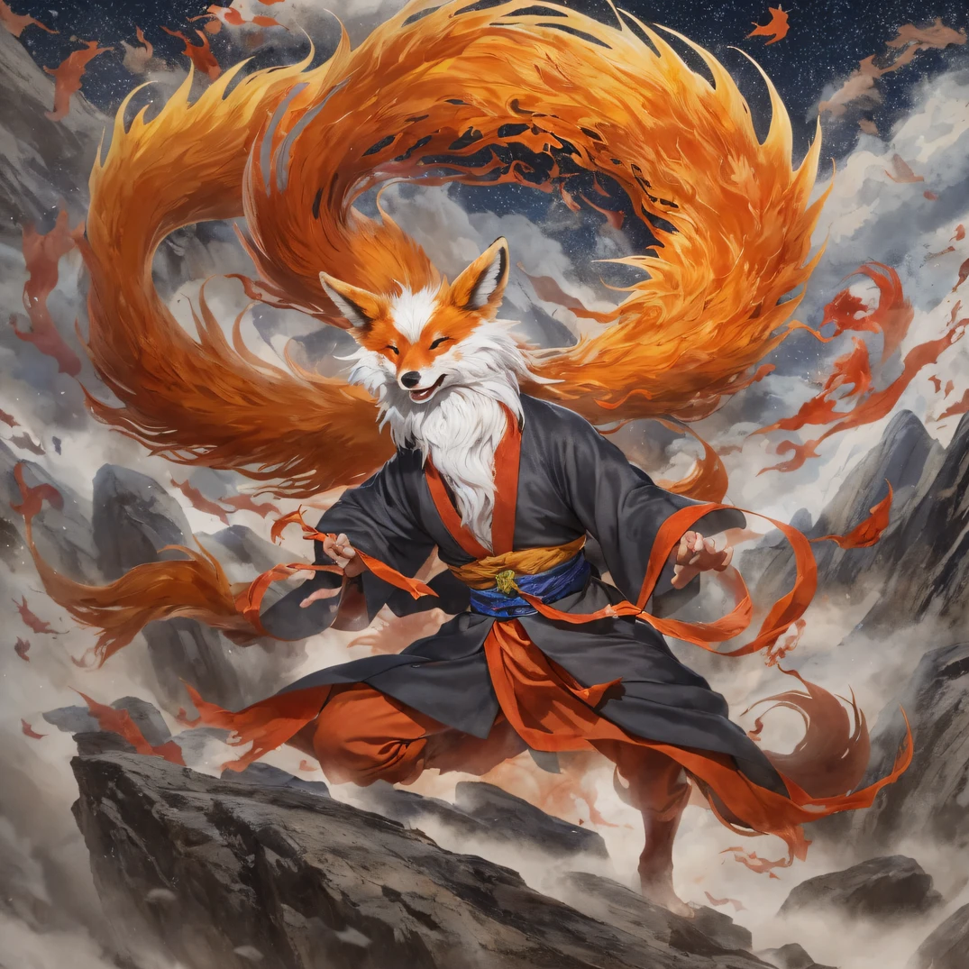 Nine-tailed fox 32K，Phoenix Immortal Demon Realm, Chance encounter with Liu Hanshu, He saw in him his former self, It was decided to take him as an apprentice, Teach him how to protect himself, But because of the Tibetan star map, Phoenix and the Liu family、The Jade Sword Sect establishes relationships, It opens with the death of Liu Hanshu, Qin Yu embarked on the road of confrontation with a strong enemy, Working hard, Make yourself stronger, Stick to your own core path of justice, （nine tail fox）eyes filled with angry，The nine-tailed fox clenched its fists，Rush up，Deliver a fatal blow to your opponent，full bodyesbian，Full body nine-tailed fox male mage 32K（Masterpiece Canyon Ultra HD）fenghuang（canyons）Climb the streets， The scene of the explosion（nine tail fox）， （Dragons）， The angry fighting stance of the nine-tailed fox， looking at the ground， Batik linen bandana， Chinese red and white pattern long sleeve garment， Canyon nine-tailed fox（Abstract propylene splash：1.2）， Dark clouds lightning background，Flour flies（realisticlying：1.4），Black color hair，Flour fluttering，rainbow background， A high resolution， the detail， RAW photogr， Sharp Re， Nikon D850 Film Stock Photo by Jefferies Lee 4 Kodak Portra 400 Camera F1.6 shots, Rich colors, ultra-realistic vivid textures, Dramatic lighting, Unreal Engine Art Station Trend, cinestir 800，Flowing black hair,（（（Jungle Canyon）））The wounded lined up in the streets（vale）Climb the streets，Movie master real-time image quality（tmasterpiece，k hd，hyper HD，32K）Dragons， （Linen batik scarf）， Combat posture， looking at the ground， Linen bandana， Chinese nine-tailed fox pattern long-sleeved garment， Morning nine-tailed fox（Abstract gouache splash：1.2）， Dark clouds lightning background，sprinkling