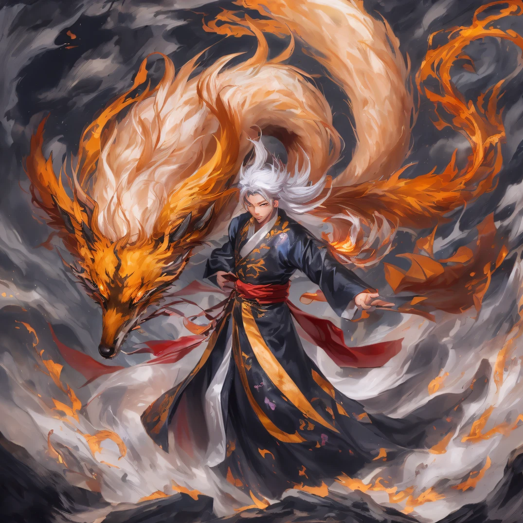 Nine-tailed fox 32K,Phoenix Immortal Demon Realm, Chance encounter with Liu Hanshu, He saw in him his former self, It was decided to take him as an apprentice, Teach him how to protect himself, But because of the Tibetan star map, Phoenix and the Liu family、The Jade Sword Sect establishes relationships, It opens with the death of Liu Hanshu, Qin Yu embarked on the road of confrontation with a strong enemy, Working hard, Make yourself stronger, Stick to your own core path of justice, (nine tail fox)eyes filled with angry,The nine-tailed fox clenched its fists,Rush up,Deliver a fatal blow to your opponent,full bodyesbian,Full body nine-tailed fox male mage 32K(Masterpiece Canyon Ultra HD)fenghuang(canyons)Climb the streets, The scene of the explosion(nine tail fox), (Dragons), The angry fighting stance of the nine-tailed fox, looking at the ground, Batik linen bandana, Chinese red and white pattern long sleeve garment, Canyon nine-tailed fox(Abstract propylene splash:1.2), Dark clouds lightning background,Flour flies(realisticlying:1.4),Black color hair,Flour fluttering,rainbow background, A high resolution, the detail, RAW photogr, Sharp Re, Nikon D850 Film Stock Photo by Jefferies Lee 4 Kodak Portra 400 Camera F1.6 shots, Rich colors, ultra-realistic vivid textures, Dramatic lighting, Unreal Engine Art Station Trend, cinestir 800,Flowing black hair,(((Jungle Canyon)))The wounded lined up in the streets(vale)Climb the streets,Movie master real-time image quality(tmasterpiece,k hd,hyper HD,32K)Dragons, (Linen batik scarf), Combat posture, looking at the ground, Linen bandana, Chinese nine-tailed fox pattern long-sleeved garment, Morning nine-tailed fox(Abstract gouache splash:1.2), Dark clouds lightning background,sprinkling