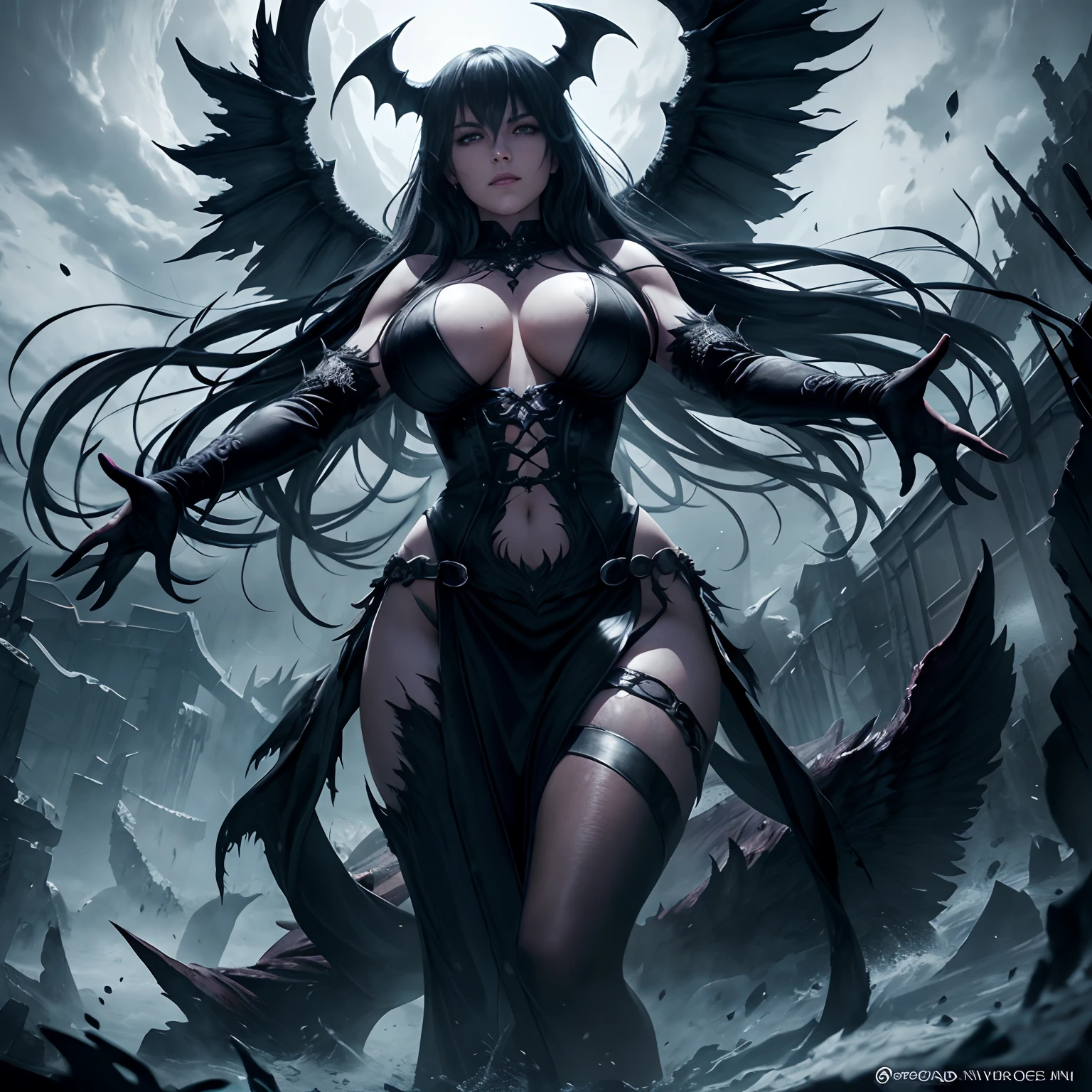"Step into the realm of nightmares with Morrigan, the powerful Norse goddess of death. The unreal engine 5 captures every intricate detail of her high complex form, as she rises from the depths of a tempestuous maelstrom at sea. The thunderous storm and inky black details add a sense of foreboding to this visually stunning image, with a haunting oil painting effect that will leave you in awe."