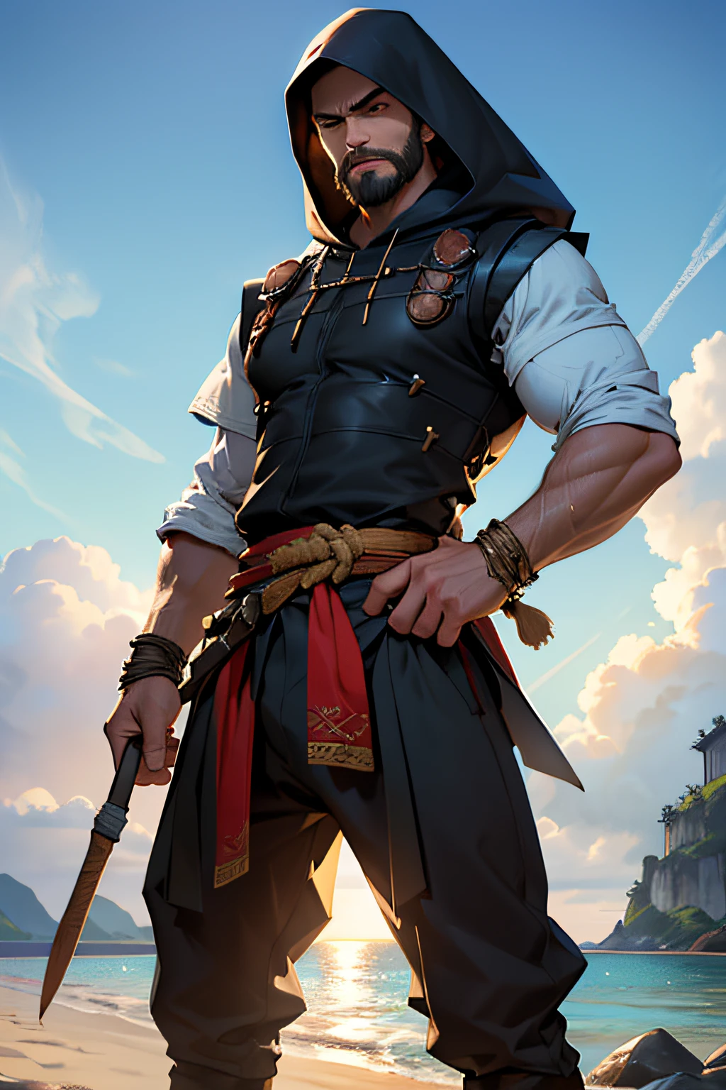 8k, RAW photo, best quality, masterpiece:1.2), (light:1.2), a detailed painting, clearly worked out detail, a man with a small beard, wearing a hood, fantasy clothes, rpg, dnd, eastern asian man, tall, lithe, intricate, cinematic, dim natural lighting, (high detailed skin:0.9), photography, raytracing, detailed face,(fresh beach:1.4), ((war moment)), high resolution, (ultra detailed:1,2), ultra realistic, (light skin), tactical vest, brutal, epic pose, ((serious face)), head