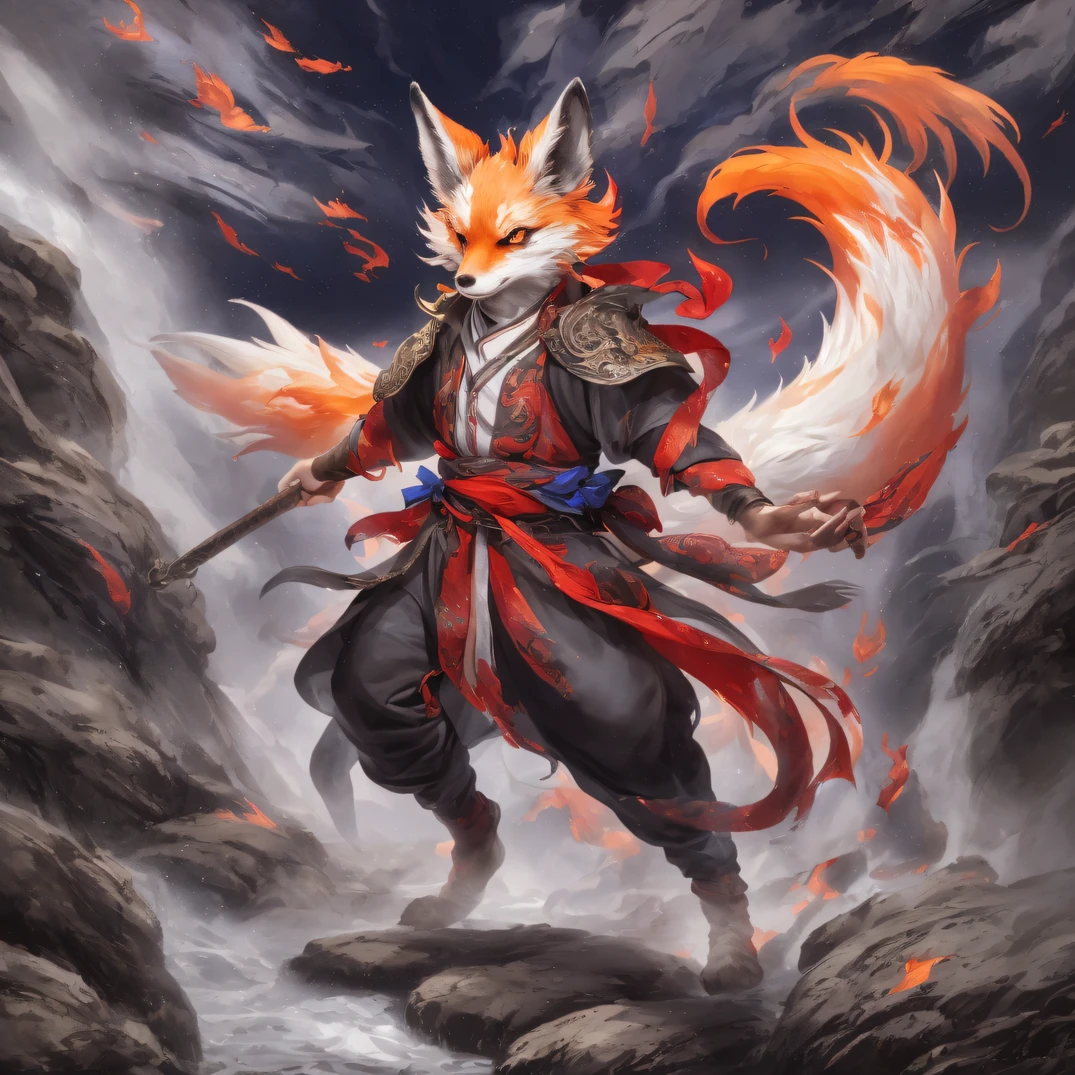 Nine-tailed fox 32K,Phoenix Immortal Demon Realm, Chance encounter with Liu Hanshu, He saw in him his former self, It was decided to take him as an apprentice, Teach him how to protect himself, But because of the Tibetan star map, Phoenix and the Liu family、The Jade Sword Sect establishes relationships, It opens with the death of Liu Hanshu, Qin Yu embarked on the road of confrontation with a strong enemy, Working hard, Make yourself stronger, Stick to your own core path of justice, (nine tail fox)eyes filled with angry,The nine-tailed fox clenched its fists,Rush up,Deliver a fatal blow to your opponent,full bodyesbian,Full body nine-tailed fox male mage 32K(Masterpiece Canyon Ultra HD)fenghuang(canyons)Climb the streets, The scene of the explosion(nine tail fox), (Dragons), The angry fighting stance of the nine-tailed fox, looking at the ground, Batik linen bandana, Chinese red and white pattern long sleeve garment, Canyon nine-tailed fox(Abstract propylene splash:1.2), Dark clouds lightning background,Flour flies(realisticlying:1.4),Black color hair,Flour fluttering,rainbow background, A high resolution, the detail, RAW photogr, Sharp Re, Nikon D850 Film Stock Photo by Jefferies Lee 4 Kodak Portra 400 Camera F1.6 shots, Rich colors, ultra-realistic vivid textures, Dramatic lighting, Unreal Engine Art Station Trend, cinestir 800,Flowing black hair,(((Jungle Canyon)))The wounded lined up in the streets(vale)Climb the streets,Movie master real-time image quality(tmasterpiece,k hd,hyper HD,32K)Dragons, (Linen batik scarf), Combat posture, looking at the ground, Linen bandana, Chinese nine-tailed fox pattern long-sleeved garment, Morning nine-tailed fox(Abstract gouache splash:1.2), Dark clouds lightning background,sprinkling