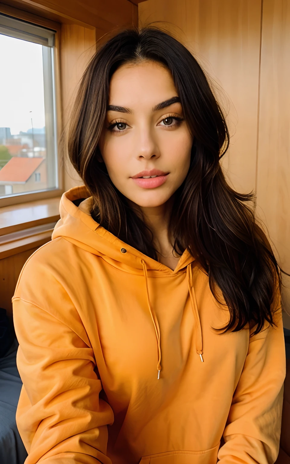 Beautiful brunette with blonde highlights wearing an orange hoodie, taking selfie with iphone camera, sunlight