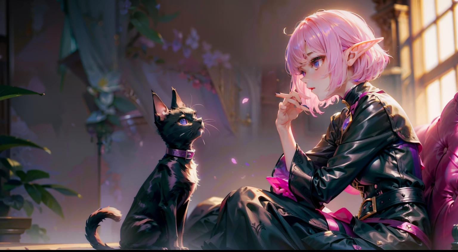 young woman elf and black cat, elf sitting, pink and violet short hair, black cat near on woman’s Schultern, neutral background, Masterpiece, Best Quality, (Highres) (original) , (very detailed wallpaper) , very, hard shadows, Cinematic shot, dramatic lighting
