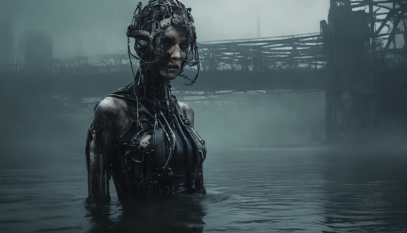 cyberpunk woman posing for a photo in a river, robot parts, half body in the water, foggy marsh background, dark, creepy, ultra detailed, masterpiece.