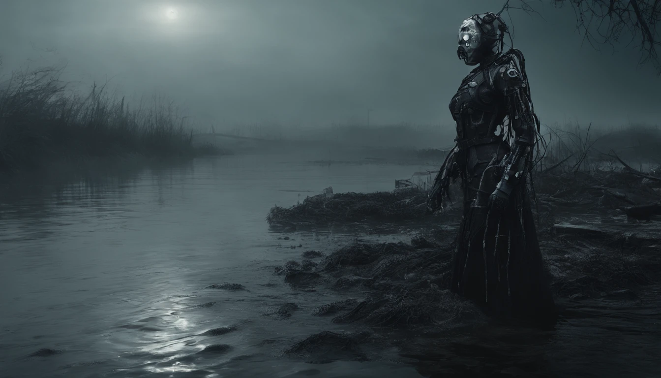 cyberpunk woman posing for a photo in a river, robot parts, half body in the water, foggy marsh background, dark, creepy, ultra detailed, masterpiece.