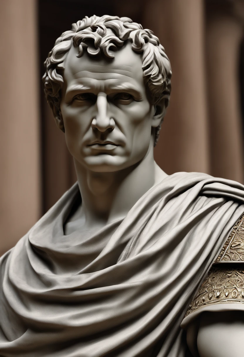 Create a realistic 3D representation of Julius Caesar looking straight into the camera, showcasing his imposing stature and determined expression. Be sure to capture the details of his Roman toga and insightful gaze. The scene should evoke the power and authority of the Roman Empire and the opulence of the character