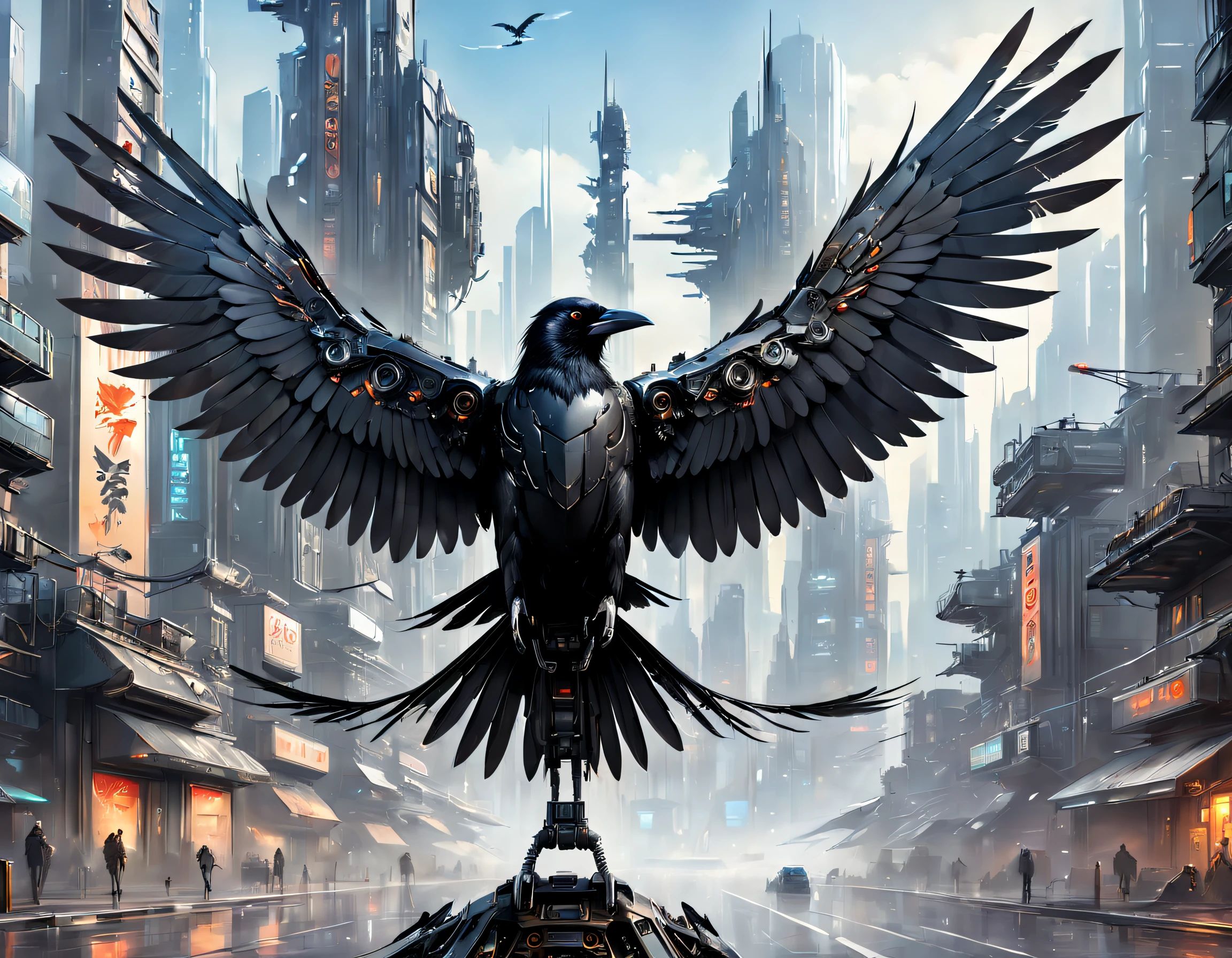 Flying metal mechanical crow，Futuristic metal crow，Mechanical crow，The crow is made entirely of small metal parts，Detailed mechanical wing,Metal feathers,Precise and complex design,Ultra-fine texture,Shiny steel body,futuristic urban background，Beautiful sci-fi art, Science-fi digital art illustration, Digital cyberpunk art, science fiction digital painting, futuristic digital painting, futuristic concept art, in front of a sci fi cityscape, science fiction digital art, Advanced digital cyberpunk art, Fantastic cyberpunk crow