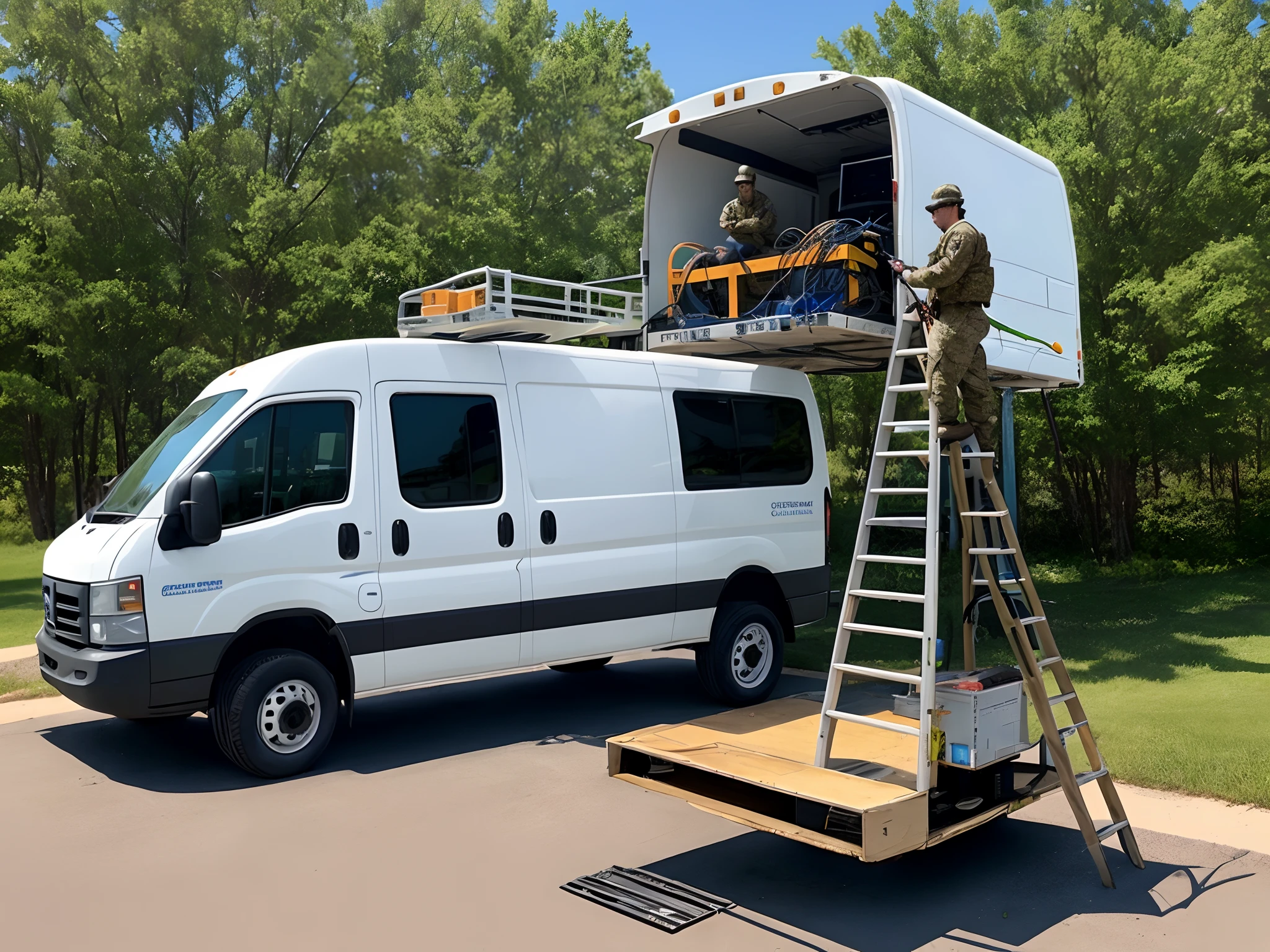 Charter Spectrum cable technician that looks military like while riding a dinosaur as their work van with ladders