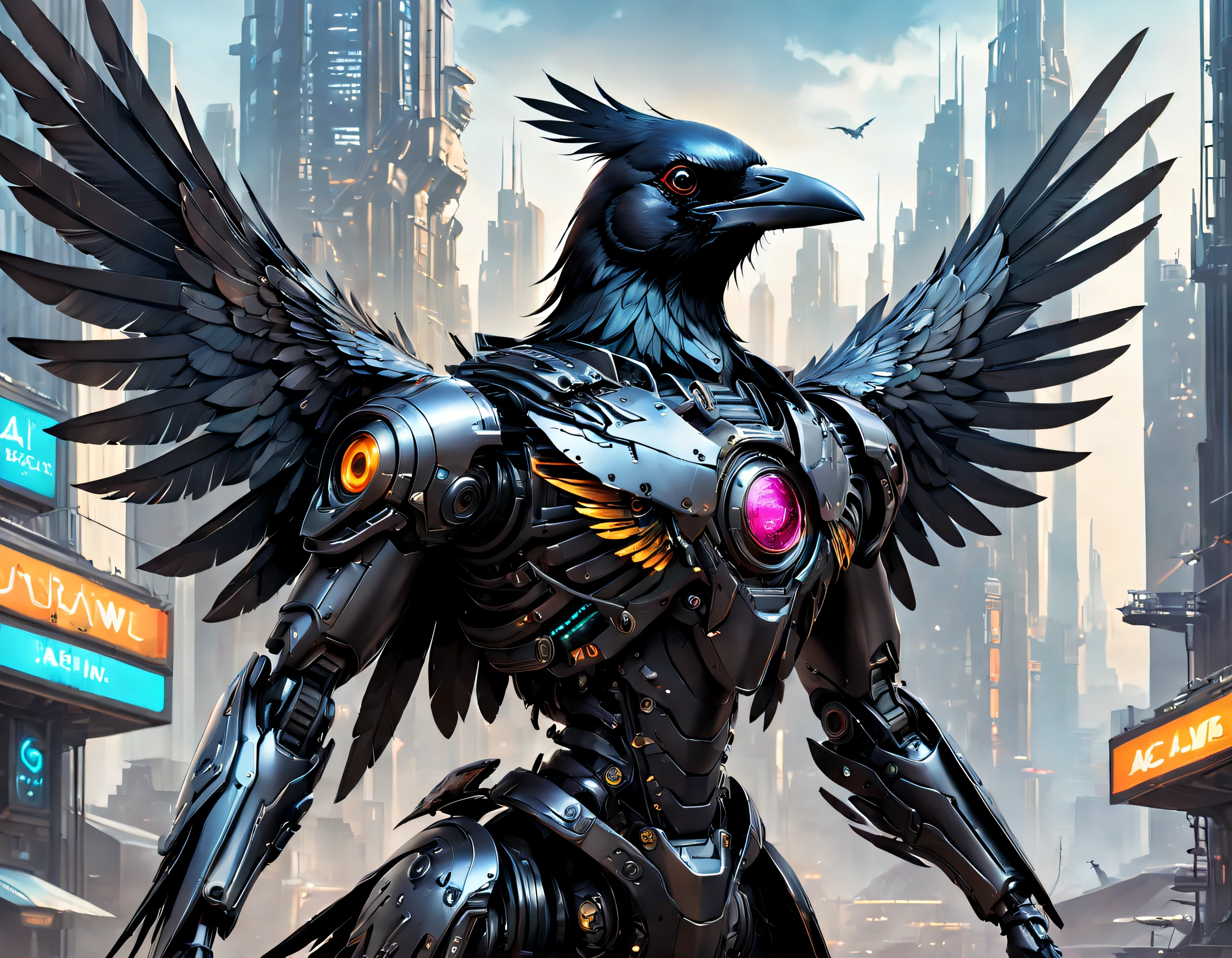 Black metal mechanical crow，Futuristic metal crow，Mechanical crow，The crow is made entirely of small metal parts，Detailed mechanical wing,Metal feathers,Precise and complex design,Ultra-fine texture,Shiny steel body,futuristic urban background，Beautiful sci-fi art, Science-fi digital art illustration, Digital cyberpunk art, science fiction digital painting, futuristic digital painting, futuristic concept art, in front of a sci fi cityscape, science fiction digital art, Advanced digital cyberpunk art, Fantastic cyberpunk crow