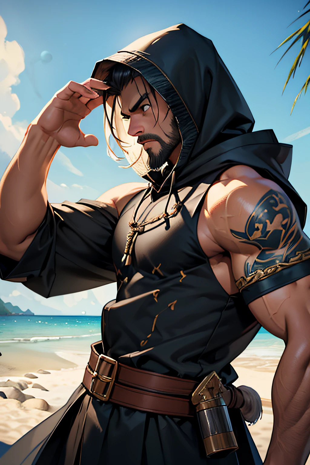 8k, RAW photo, best quality, masterpiece:1.2), (light:1.2), a detailed painting, clearly worked out detail, a man with a small beard, wearing a hood, fantasy clothes, rpg, dnd, eastern asian man, tall, lithe, intricate, cinematic, dim natural lighting, (high detailed skin:0.9), photography, raytracing, detailed face,(fresh beach:1.4), ((war moment)), high resolution, (ultra detailed:1,2), ultra realistic, (light skin), tactical vest, brutal, epic pose, ((serious face)), head