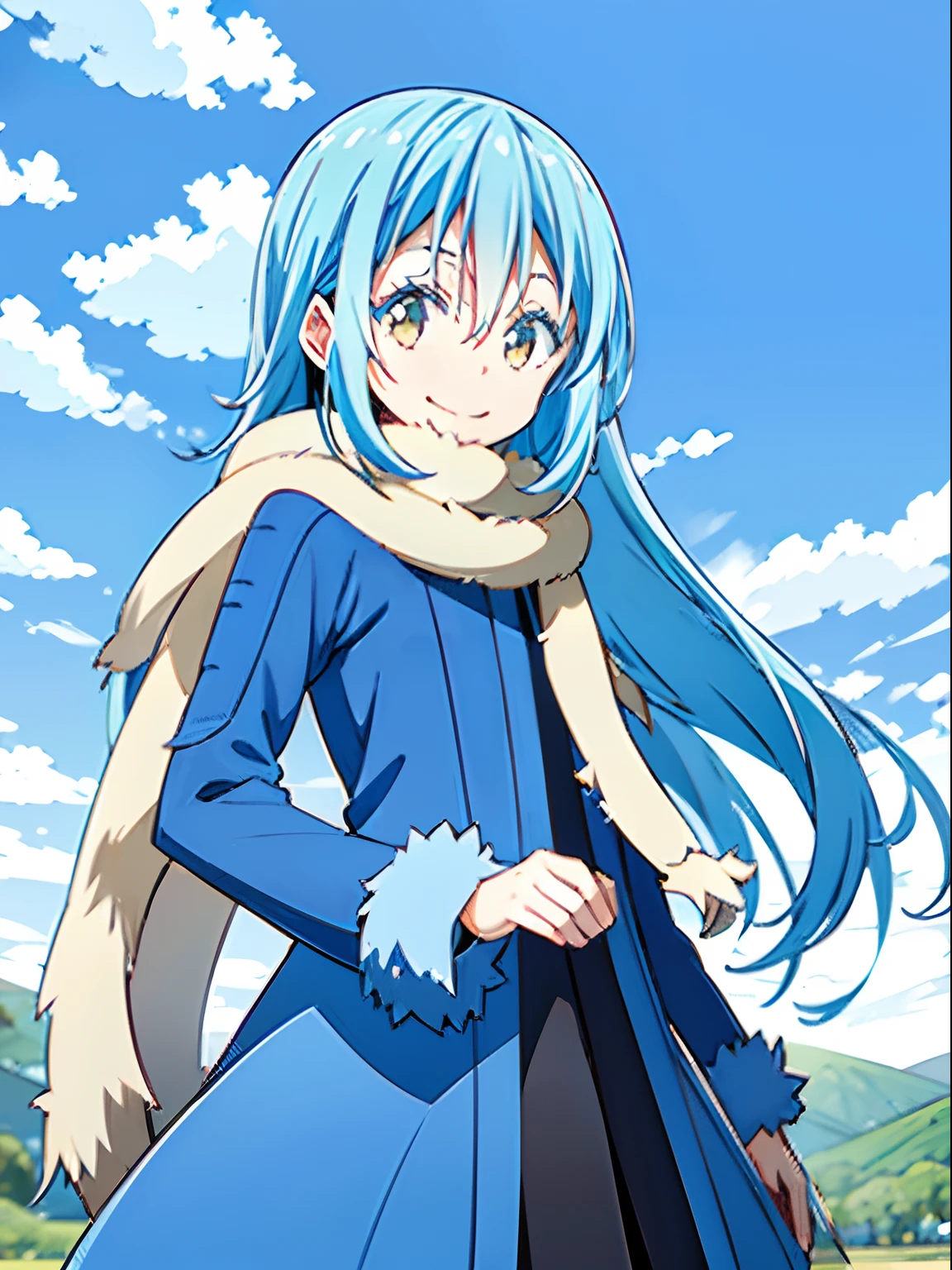 high-level image quality、hightquality、delicated、delicate illustration、Long Blue Coat、Fluffy scarves、blue-sky、Hold out one hand、Delicate hand、A smile