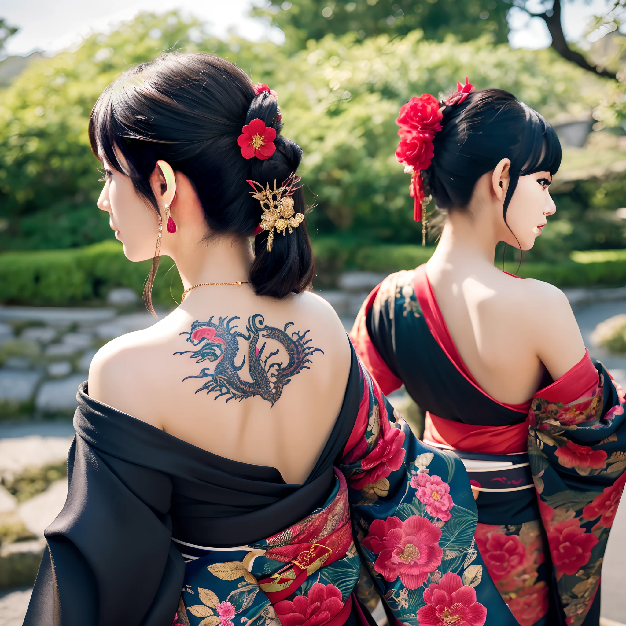 masutepiece, of the highest quality, Best Quality, Official art, Beautiful and aesthetic:1.2),1girl in, The tattoo, Solo, Komono, Red and black kimono, Hair Ornament, unsheathing, Black hair, scabbard, Dragon tattoo, Blue eyes, off shoulders, Bare shoulders, Looking back, from behind, flower, Looking at Viewer, Holding, makeup, plein air,Japan Oiran、Ultra-detail and detail in high quality、