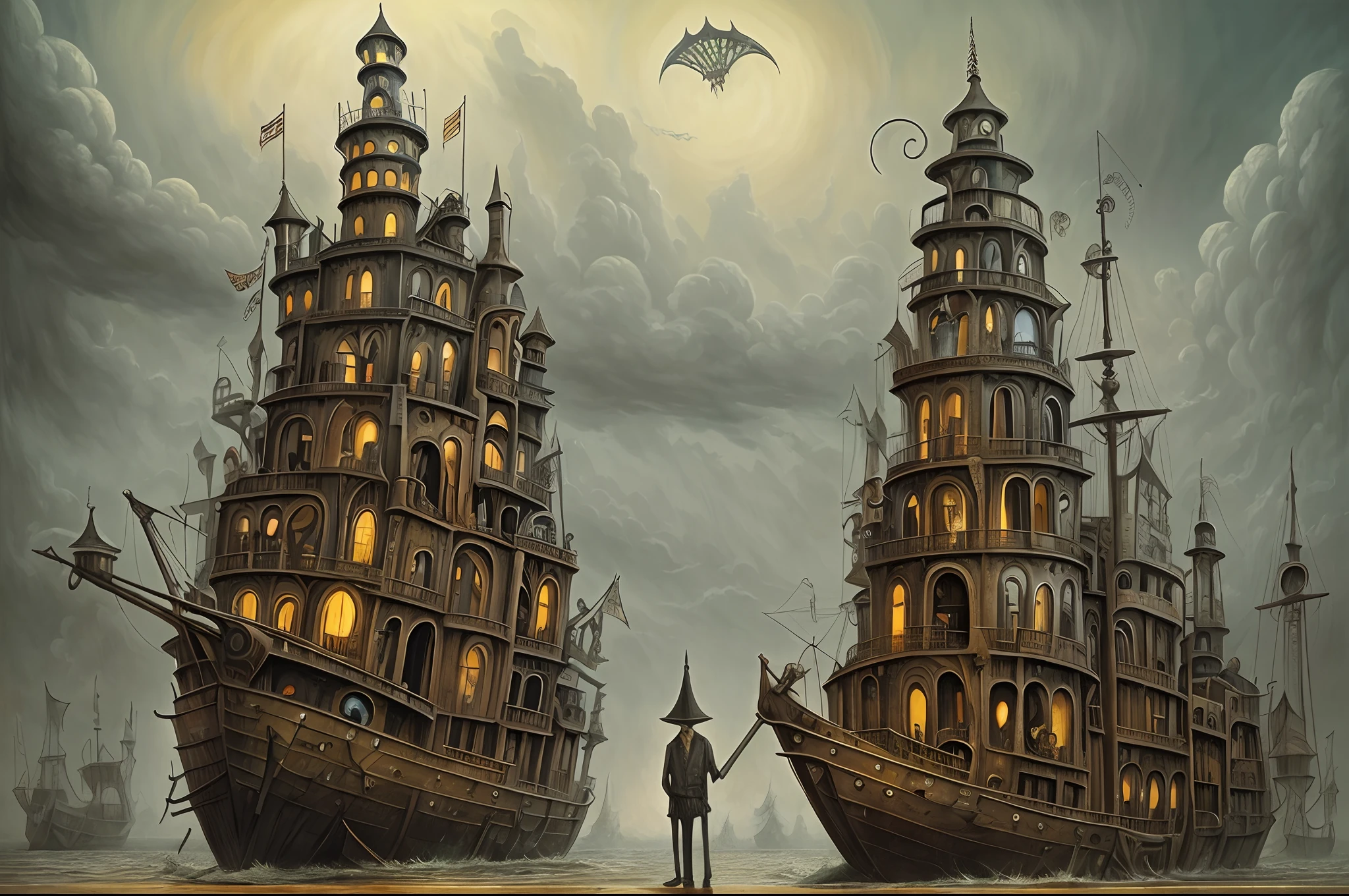 surreal steampunk horrible and scary Moses and the Red Sea,in the style of tim burton, john kenn mortensen and leonora carrington, bizzarre, wacky, mixed media, surrealism painting, a journey into my imagination, detailed, elegant, intricate, 4 k, scary painting , --auto --s2
