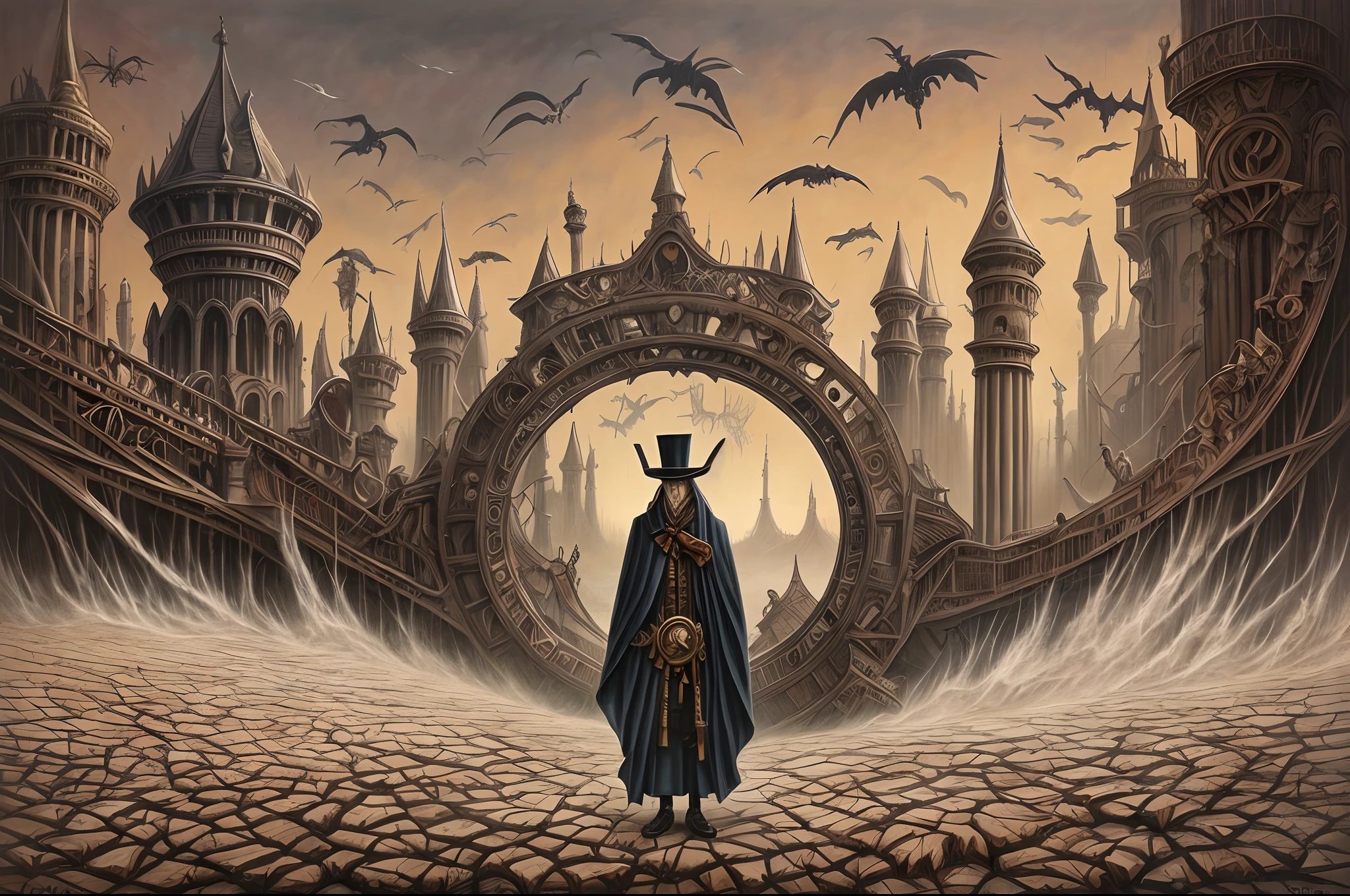 surreal steampunk horrible and scary Moses and the Red Sea,in the style of tim burton, john kenn mortensen and leonora carrington, bizzarre, wacky, mixed media, surrealism painting, a journey into my imagination, detailed, elegant, intricate, 4 k, scary painting , --auto --s2