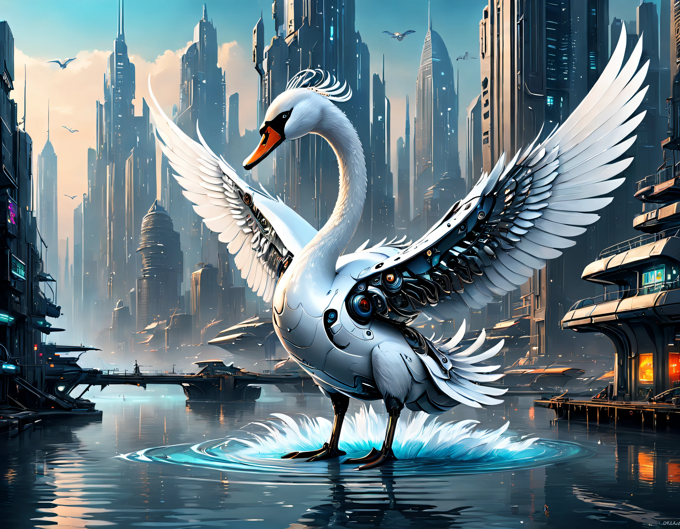 Metal mechanical swan in water,Futuristic metal swan,Mechanical swan swimming,The swan is made entirely of small metal parts,Detailed mechanical wing,Metal feathers,Precise and complex design,Ultra-fine texture,Shiny steel body,futuristic urban background,Beautiful sci-fi art, Science-fi digital art illustration, Digital cyberpunk art, science fiction digital painting, futuristic digital painting, futuristic concept art, in front of a sci fi cityscape, science fiction digital art, Advanced digital cyberpunk art, Fantastic cyberpunk swan