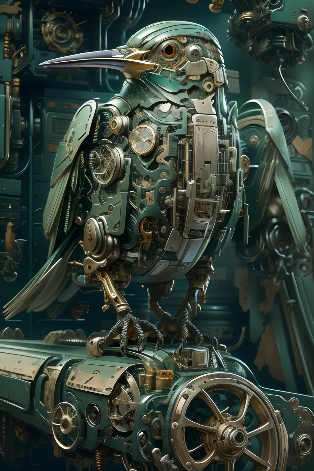 A mechanical bird,Super detail， Complex mechanical configuration，cyber punk style，ultra - detailed, A high resolution, The is very detailed,best qualtiy,illustratio,unified,8k 壁纸,tmasterpiece,best qualtiy,RAW photo, Beautiful and aesthetic,deepshadow, (Photorealistic:1.4)