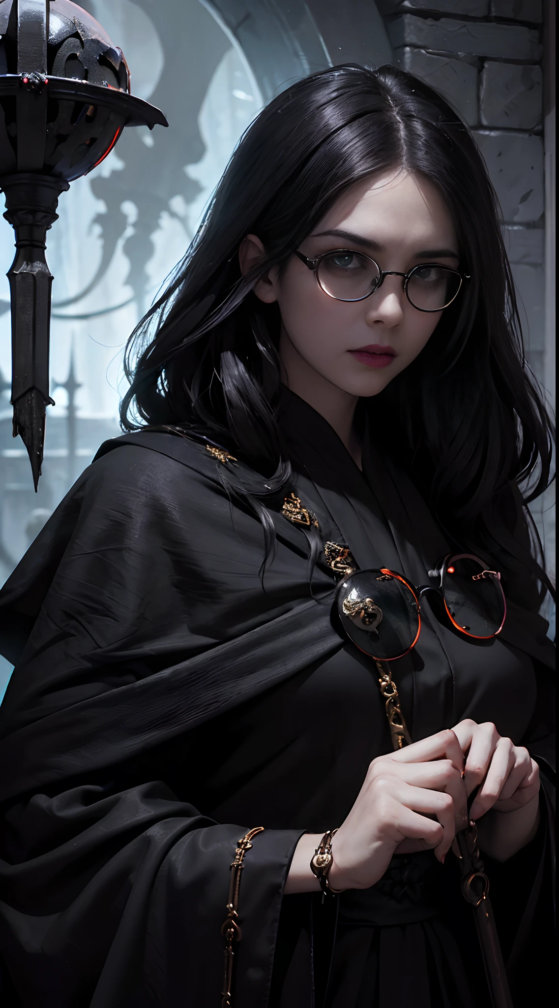 Female naked, Thorough, Horror , Lord of Darkness , ikun ,Dungeon and Dragons, Dungeon,high details, 、((((black-rimmed round glasses))))、Old robes, Dark Necromancer, detailliert, High Details, Old robes, Powerful person々, Dungeon, darkness, Bloods