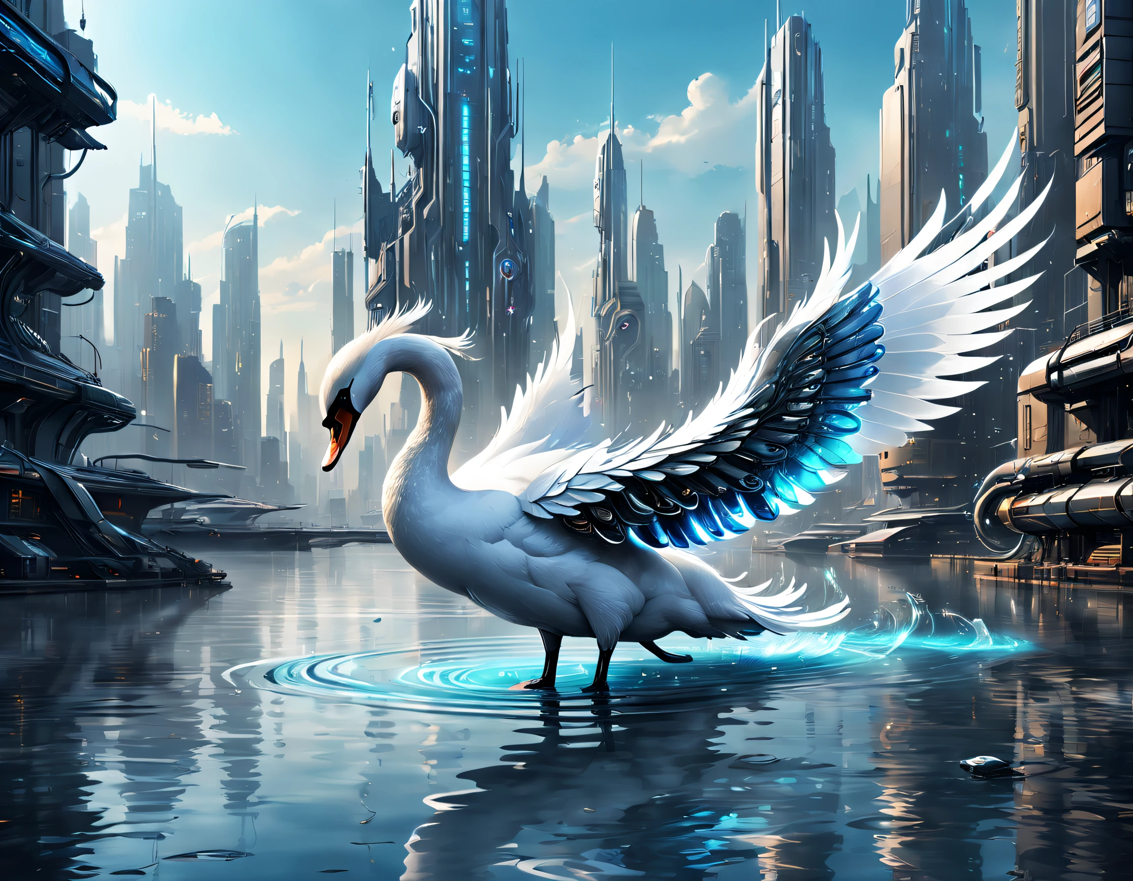 Translucent ethereal mechanical swan in water，Futuristic swan，Mechanical swan swimming，The swan is made entirely of small metal parts，Detailed mechanical wing,Metal feathers,Precise and complex design,Ultra-fine texture,Shiny steel body,futuristic urban background，Beautiful sci-fi art, Science-fi digital art illustration, Digital cyberpunk art, science fiction digital painting, futuristic digital painting, futuristic concept art, in front of a sci fi cityscape, science fiction digital art, Advanced digital cyberpunk art, Fantastic cyberpunk swan