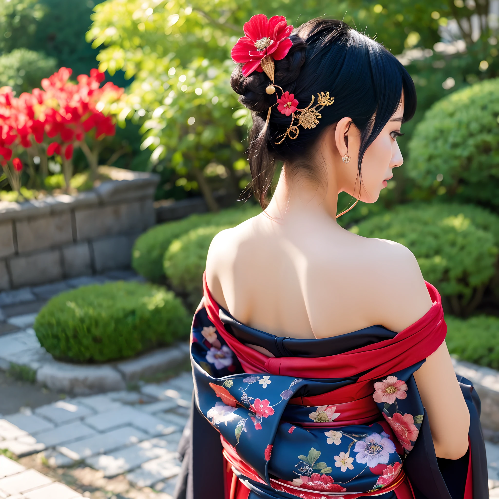 masutepiece, of the highest quality, Best Quality, Official art, Beautiful and aesthetic:1.2),1girl in, The tattoo, Solo, Komono, Red and black kimono, Hair Ornament, unsheathing, Black hair, scabbard, Dragon tattoo, Blue eyes, off shoulders, Bare shoulders, Looking back, from behind, flower, Looking at Viewer, Holding, makeup, plein air,Japan Oiran、Ultra-detail and detail in high quality、
