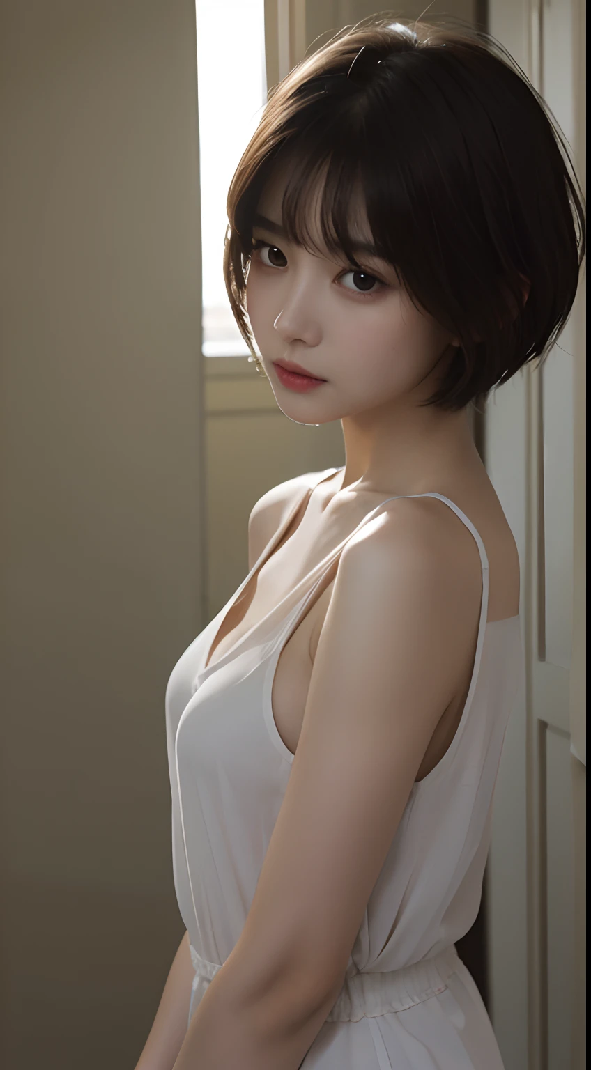 top-quality、​masterpiece、超A high resolution、(Photorealsitic:1.5)、Raw foto、1girl in、murky、deep-shadows、Unobtrusive、cold light、sexy appearance、shorth hair、((very_short_hair))