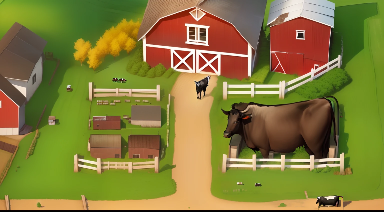 Arafeld farm with barn, fence, And a cow, farm background, Fhamville, farm land, Farm, farm land, farms, Central Farm, lush farm lands, on a farm, farmer, ingame image, On the farm outside, township, farm field background, small village, Human farms, Barn, Farming, isometric game