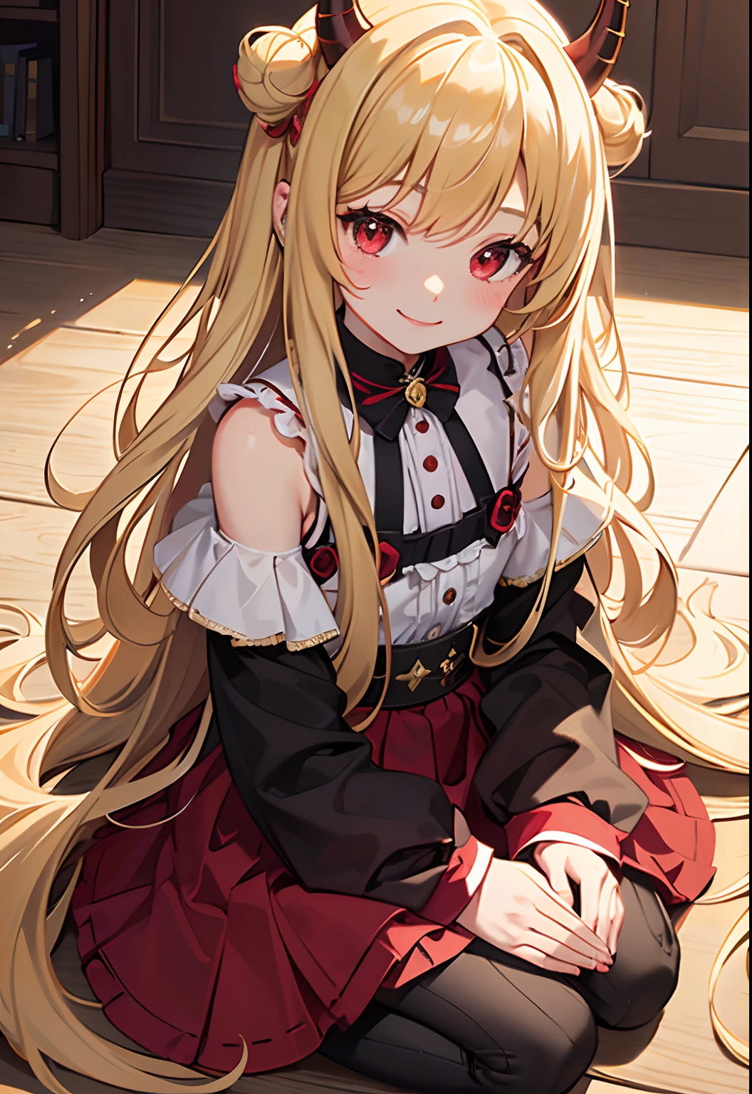 (solo:1.2), (close up shot:1.2), long hair, blonde hair, red eyes, ((7 year old girl)), blush, small demon horns, ((indoor outfit)), (((smile))), indoors, sitting, living-room, sitting, (best quality), (ultra detailed), (masterpiece), (highres), (original), (extremely detailed CG unity 8K wallpaper)