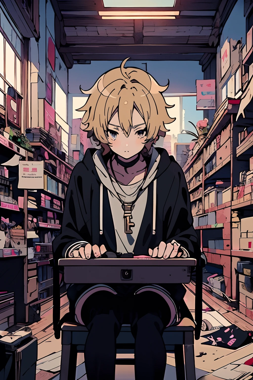 blond hair anime girl, messy hair, inside a shop, kawacy, best anime 4k konachan wallpaper, sitting at his desk, detailed key anime art, 4 k manga wallpaper, anime boy, key visual, handsome anime pose, official art, detailed digital anime art, key anime art, fine details.