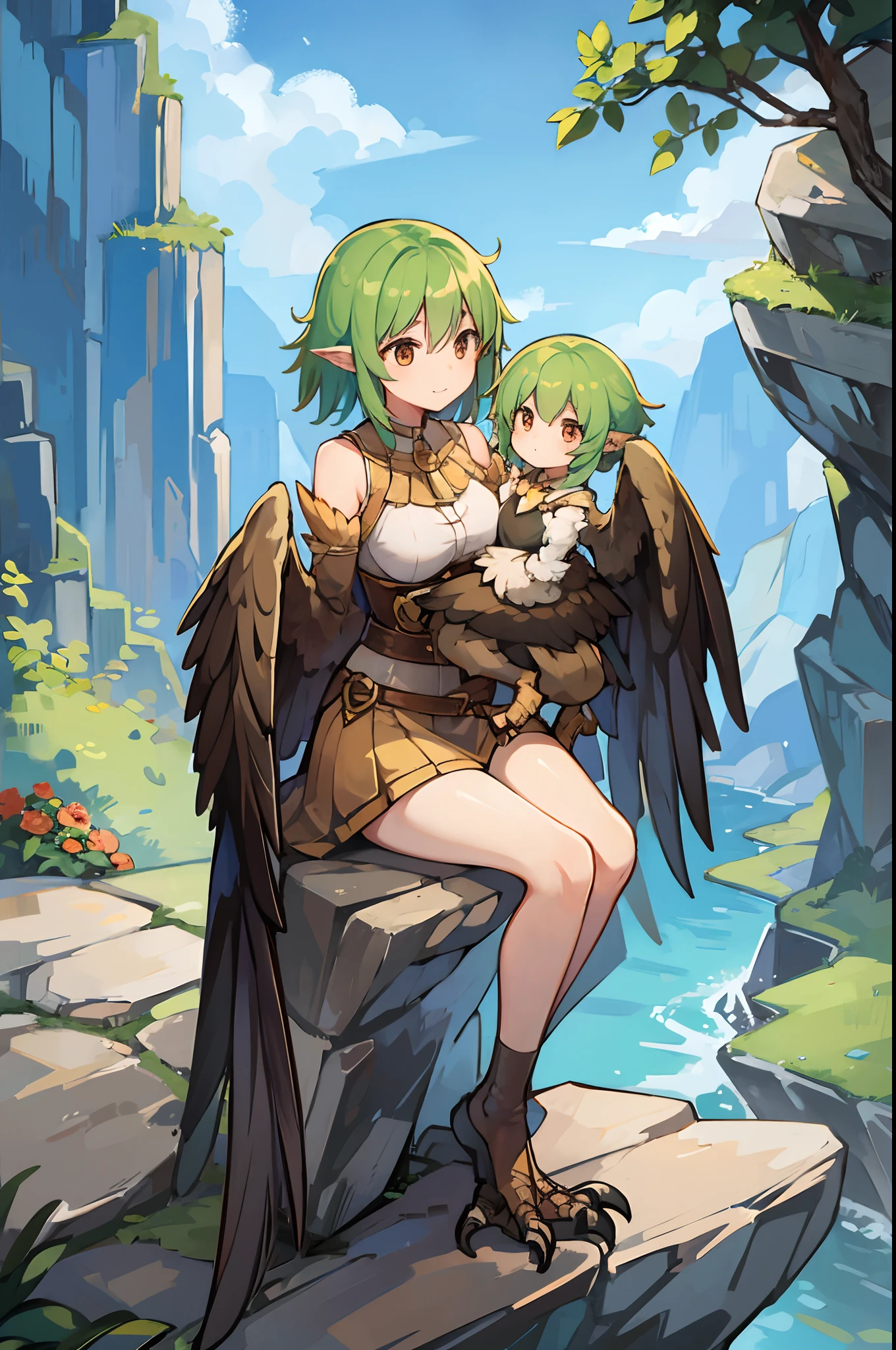 a young harpy sitting on a rock with her mother