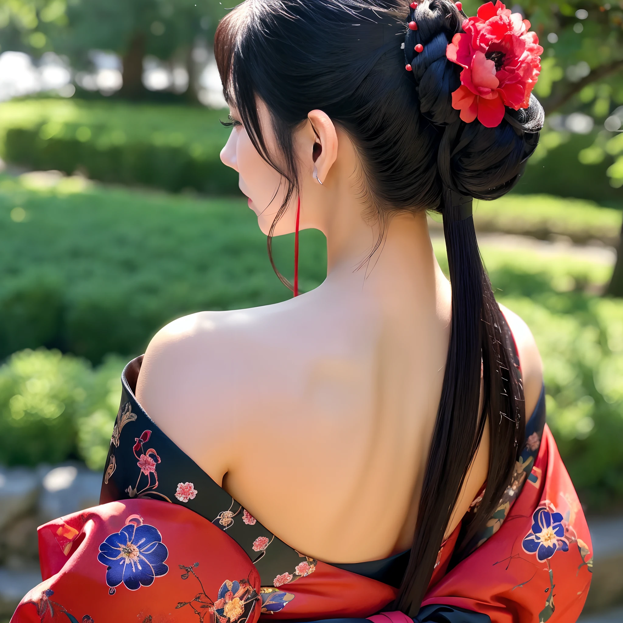 masutepiece, of the highest quality, Best Quality, Official art, Beautiful and aesthetic:1.2),1girl in, The tattoo, Solo, Komono, Red and black kimono, Hair Ornament, unsheathing, Black hair, scabbard,  Dragon tattoo, Blue eyes, off shoulders, Bare shoulders, Looking back, from behind, flower, Looking at Viewer, Holding, makeup, plein air,Japan Oiran、Ultra-detail and detail in high quality、