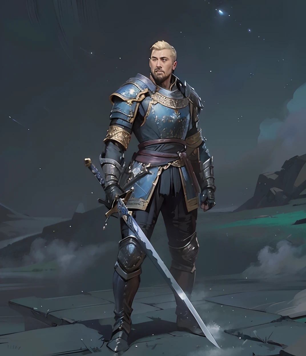 cavaleiro, with sword in hand, Classic painting style, Starry sky in the background, noite