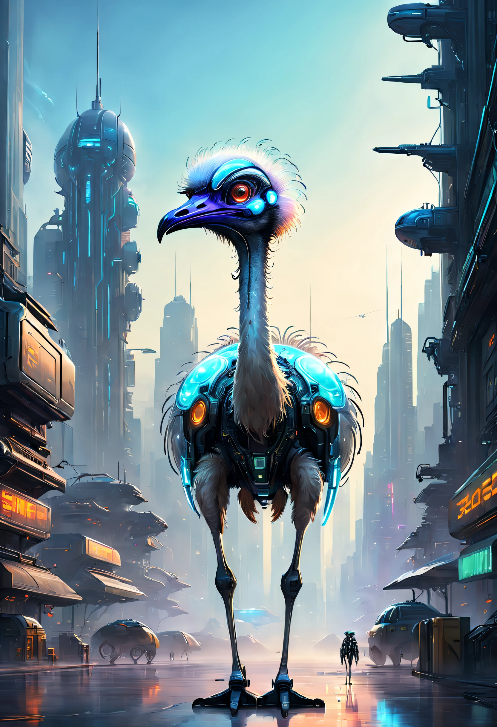 Translucent ethereal mechanical ostrich,Futuristic ostrich,Two-legged ostrich,futuristic urban background,Beautiful sci-fi art, Science-fi digital art illustration, Digital cyberpunk art, science fiction digital painting, futuristic digital painting, futuristic concept art, in front of a sci fi cityscape, science fiction digital art, Advanced digital cyberpunk art, Fantastic cyberpunk ostrich