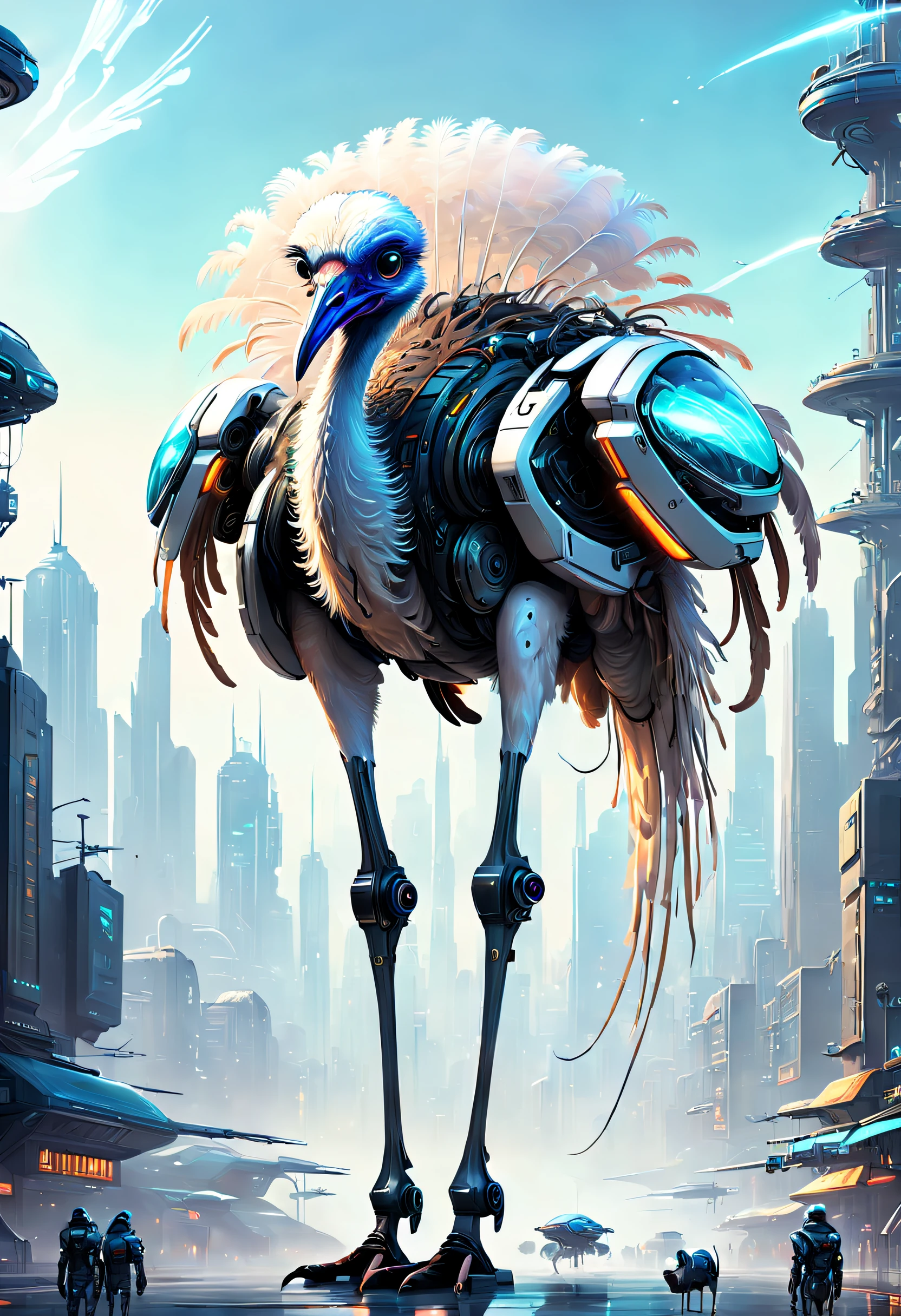 Translucent ethereal mechanical ostrich,Futuristic ostrich,Two-legged ostrich,futuristic urban background,Beautiful sci-fi art, Science-fi digital art illustration, Digital cyberpunk art, science fiction digital painting, futuristic digital painting, futuristic concept art, in front of a sci fi cityscape, science fiction digital art, Advanced digital cyberpunk art, Fantastic cyberpunk ostrich