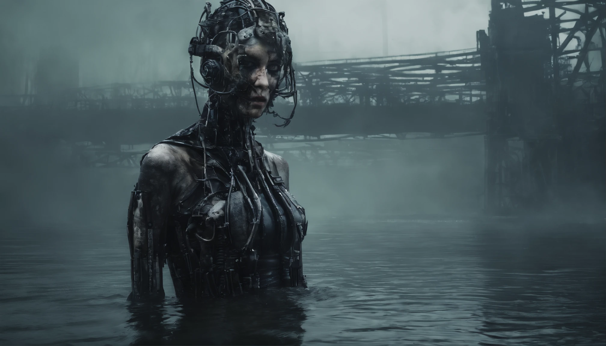 cyberpunk woman posing for a photo in a river, robot parts, half body in the water, foggy marsh background, dark, creepy, ultra detailed, masterpiece.