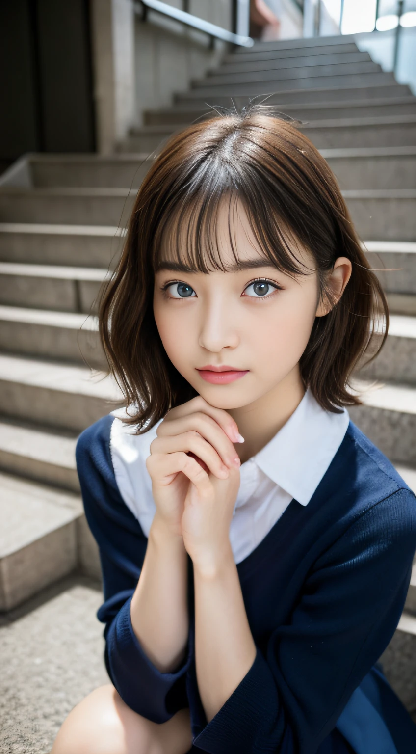 (32k,high detal,high-detail、masterpiece,Attention to detail,full body Esbian,独奏:1.6),Raw photo & realistic atmosphere,beautiful dark blue eyes,Detailed mouth,Glossy lips,Detailed eyebrows,Soft white skin that shines with every detail,Eyes drawn in detail、azure eyes,Very beautiful eyes,Detailed lips、Very beautiful face,Very well-formed face、Lifelike face,shiny beautiful lips, Realistic Young Gravure Idol, very beautiful school girl, ,Moderately beautiful, Young Sensual Gravure Idol, Young Gravure Idol, Beautiful, Cute and sexy16 schoolgirl,Wet,with a flushed face,Incredibly beautiful1Girls aged 6,short-cut,Curly hair,Brown shiny hair,(Climb the stairs of the station,Climb the stairs with, You can see your panties on camera,Beautiful 16 year e red panties visible:1.7),(Loosely dressed black schoolgirl uniform:1.6),(Sexy body,well-shaped breasts, I'm anxious and about to cry,Moist eyes:1.5),(Pay attention to the buttocks and thighs on the back,Close up from below,Climbing stairs with your camera,taken from the under,Holding the skirt with your hands,Visible.,Climb the stairs with an eye on the future:1.8)