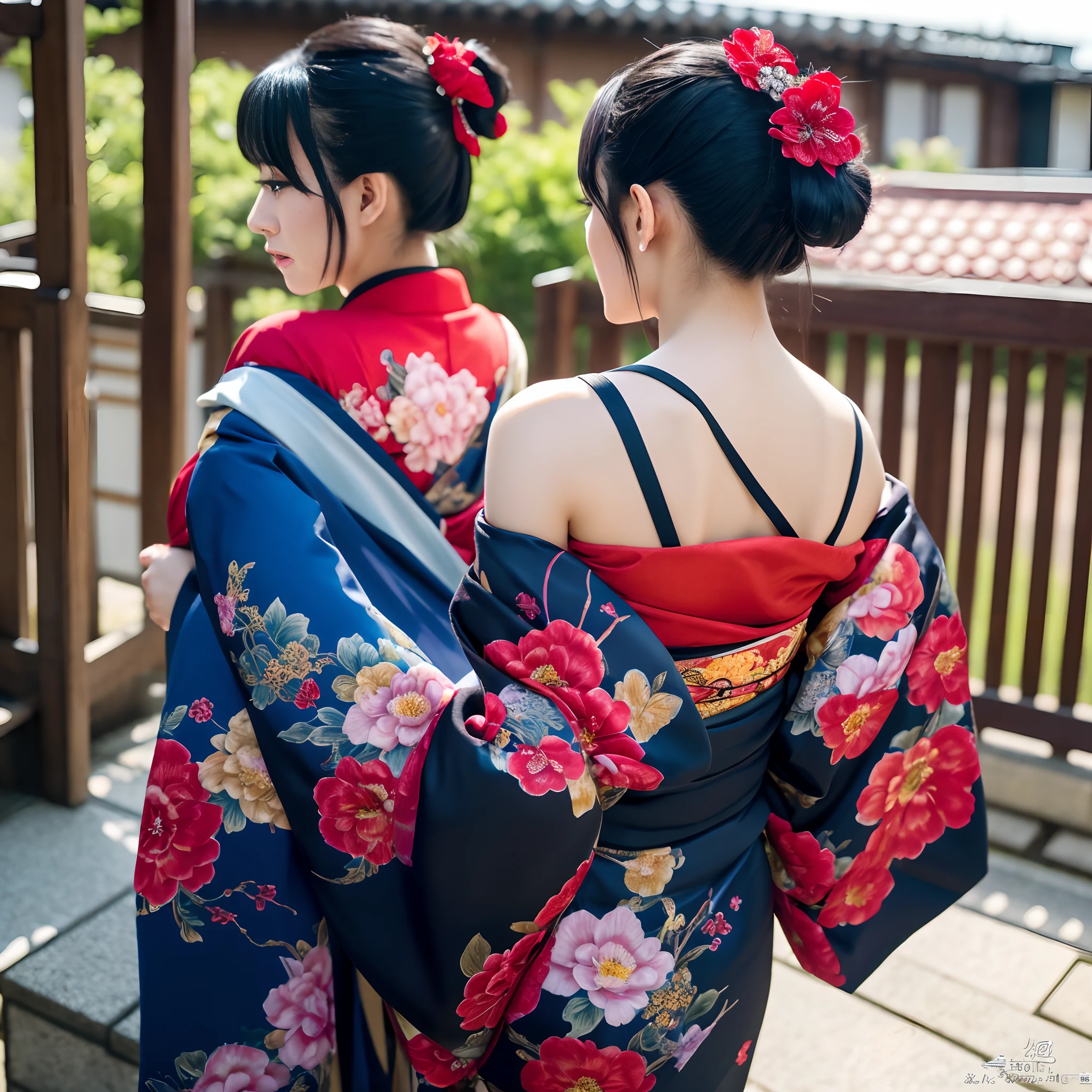masutepiece, of the highest quality, Best Quality, Official art, Beautiful and aesthetic:1.2),1girl in, The tattoo, Solo, Komono, Red and black kimono, Hair Ornament, unsheathing, Black hair, scabbard, Dragon tattoo, Blue eyes, off shoulders, Bare shoulders, Looking back, from behind, flower, Looking at Viewer, Holding, makeup, plein air,Japan Oiran、Ultra-detail and detail in high quality、
