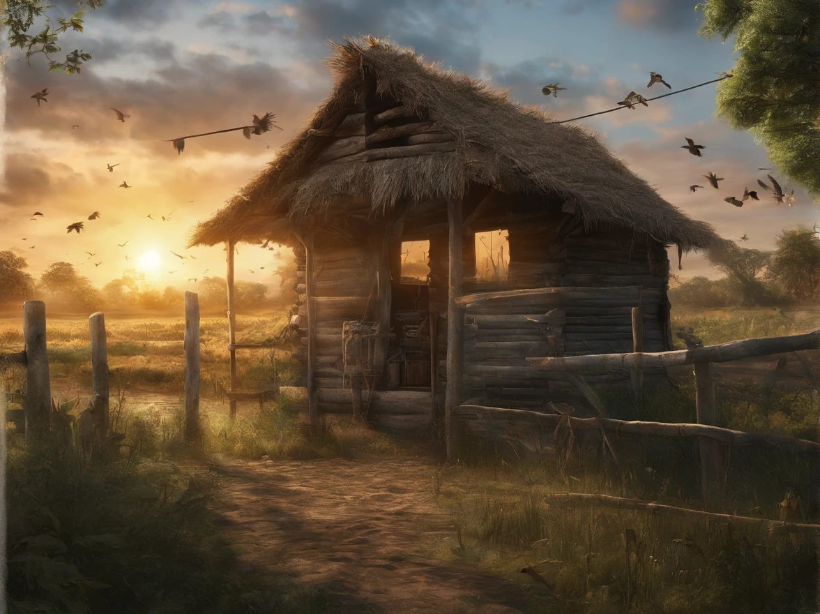 Sunrise view,A fenced hut wrapped in the farm,Some animals are inside the hut,There are some birds in the trees