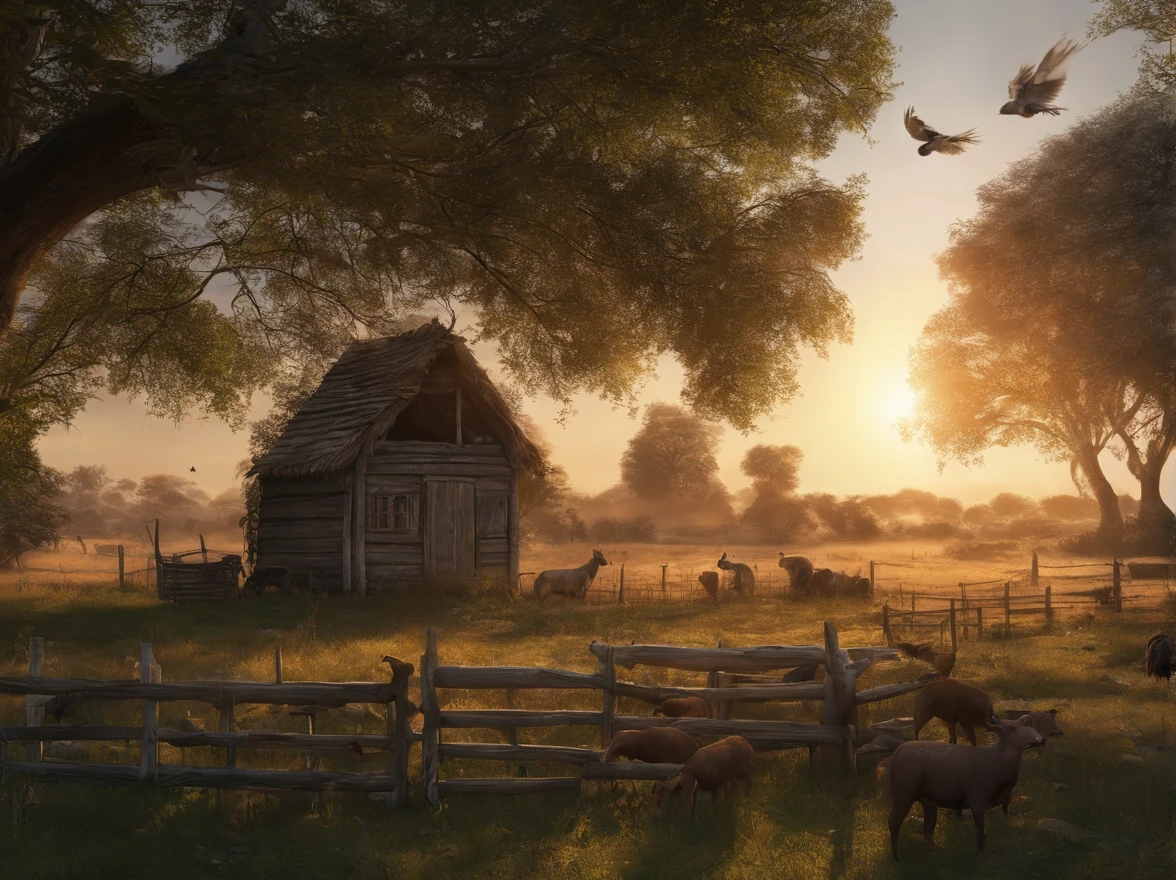 Sunrise view,A fenced hut wrapped in the farm,Some animals are inside the hut,There are some birds in the trees