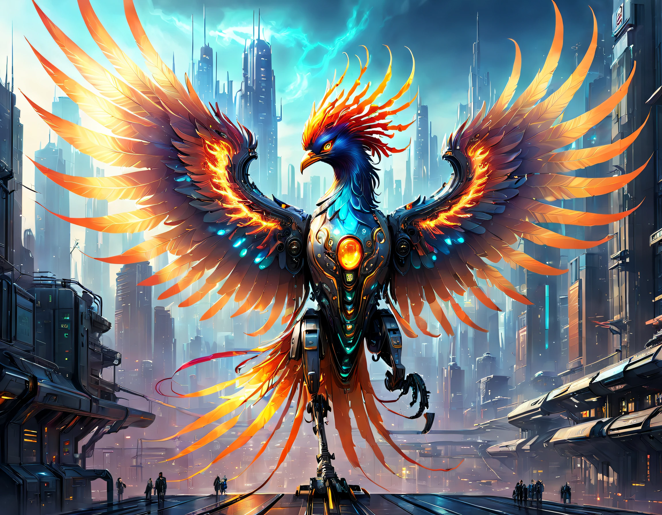 Translucent ethereal mechanical phoenix,Futuristic Phoenix,Mechanical wings,futuristic urban background,Beautiful sci-fi art, Science-fi digital art illustration, Digital cyberpunk art, science fiction digital painting, futuristic digital painting, futuristic concept art, in front of a sci fi cityscape, science fiction digital art, Advanced digital cyberpunk art, Fantastic cyberpunk phoenix