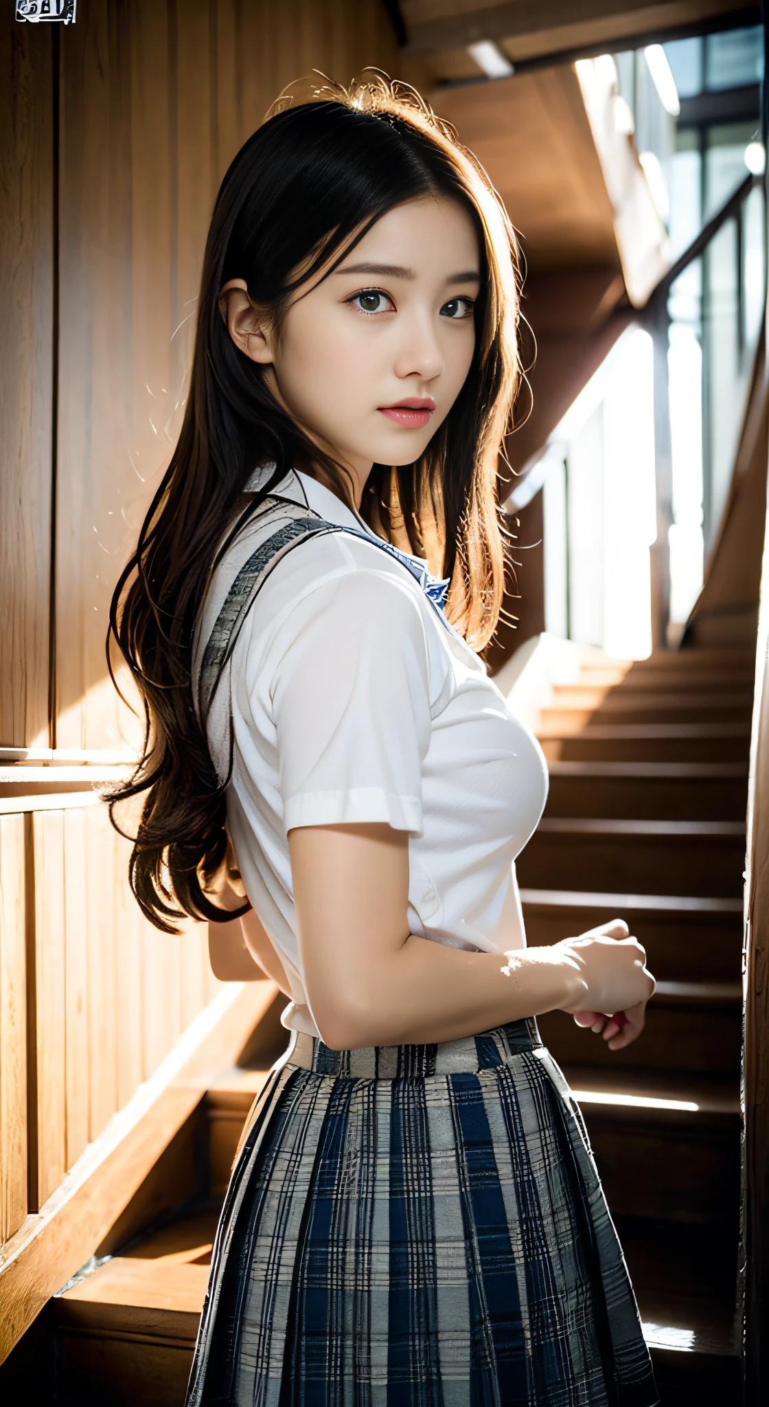 (32k,high detal,high-detail、masterpiece,Attention to detail,full body Esbian,独奏:1.6),Raw photo & realistic atmosphere,beautiful dark blue eyes,Detailed mouth,Glossy lips,Detailed eyebrows,Soft white skin that shines with every detail,Eyes drawn in detail、azure eyes,Very beautiful eyes,Detailed lips、Very beautiful face,Very well-formed face、Lifelike face,shiny beautiful lips, Realistic Young Gravure Idol, very beautiful school girl, ,Moderately beautiful, Young Sensual Gravure Idol, Young Gravure Idol, Beautiful, Cute and sexy16 year old schoolgirl,Wet,with a flushed face,Incredibly beautiful1Girls aged 6,short-cut,Curly hair,Brown shiny hair,(Climb the stairs of the station,Climb the stairs with, You can see your panties on camera,Beautiful 16 year old schoolgirl,Lace red panties visible:1.7),(Loosely dressed black schoolgirl uniform:1.6),(Sexy body,well-shaped breasts, I'm anxious and about to cry,Moist eyes:1.5),(Pay attention to the buttocks and thighs on the back,Close up from below,Climbing stairs with your camera,taken from the under,Holding the skirt with your hands,Visible.,Climb the stairs with an eye on the future:1.8)