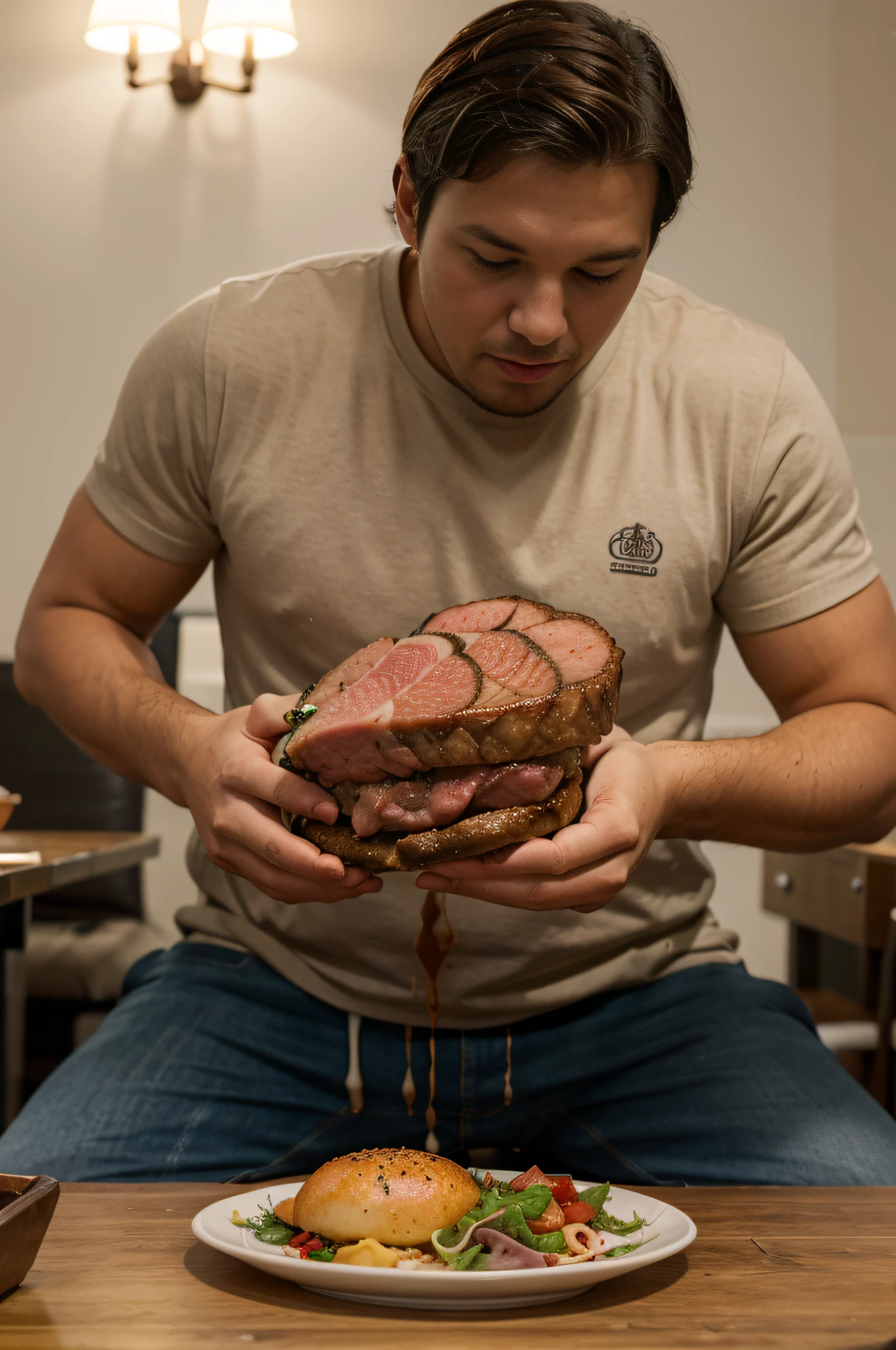 A man sitting at a table is eating a large amount of meat.