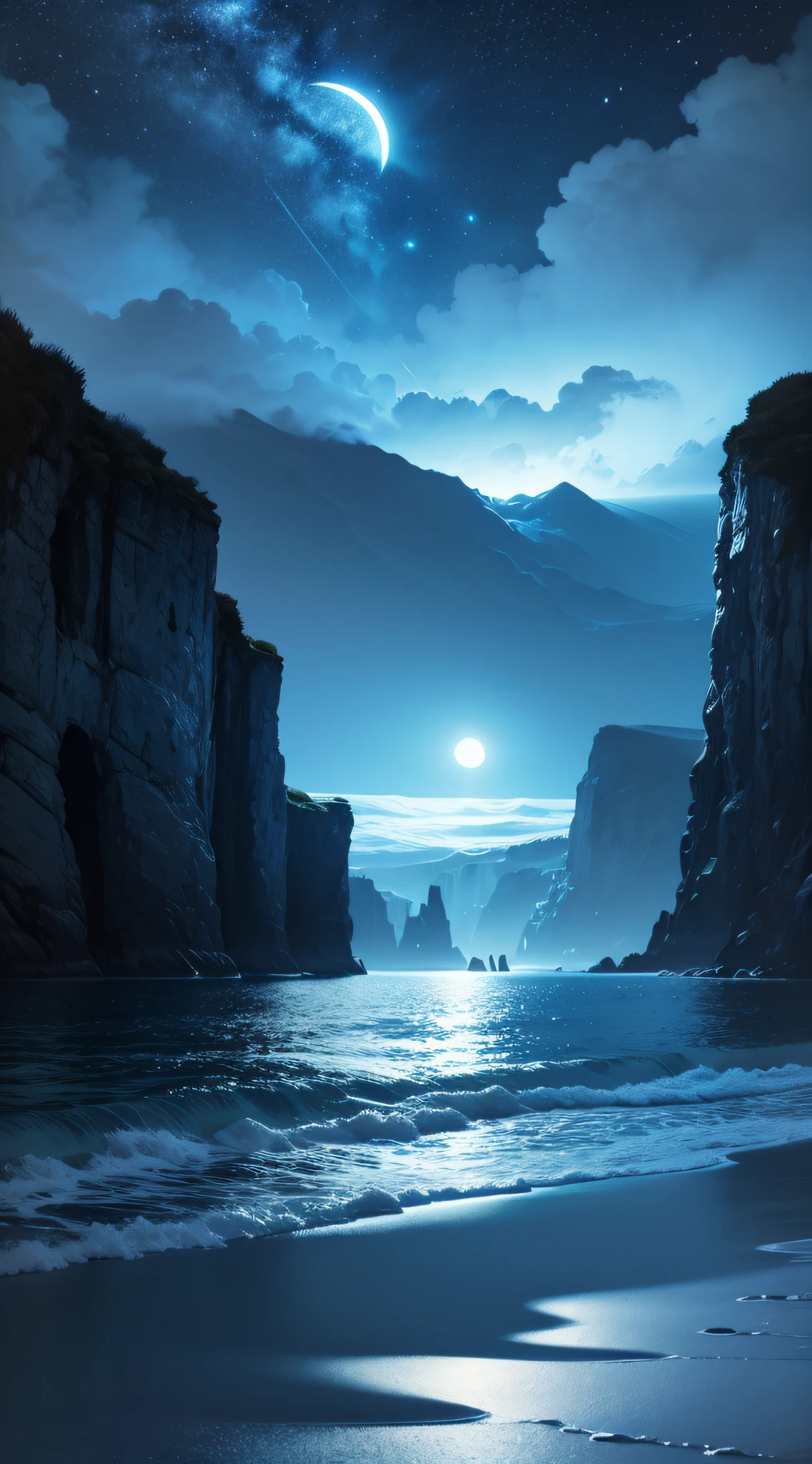 paysage Mer bleu fluo avec lune et ciel nocturne, ultra realist