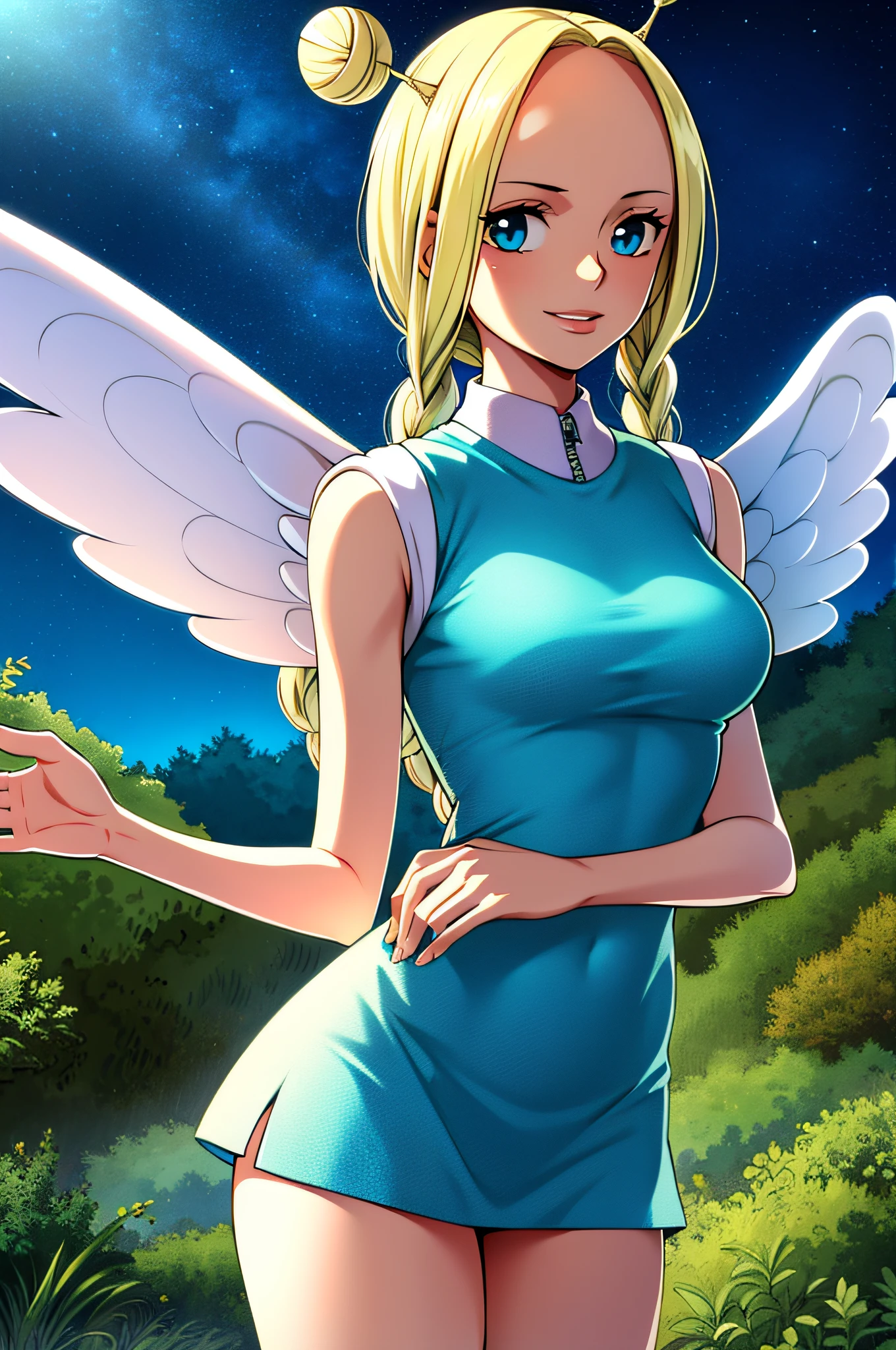 masutepiece, ((hyper detailed background, Delicate pattern, intricate detailes)), (Highly detailed, Fine details), Best Quality, Beautiful lighting, ((medium breasts, Slim Girl)), Conis, 1girl in, Solo, Blonde hair, Wings, Twin braids, Smile, Dress, Blue eyes, Bun, intricate detailed background, Blue sky, tussock, Trees, nature environment, (Cowboy Shot),