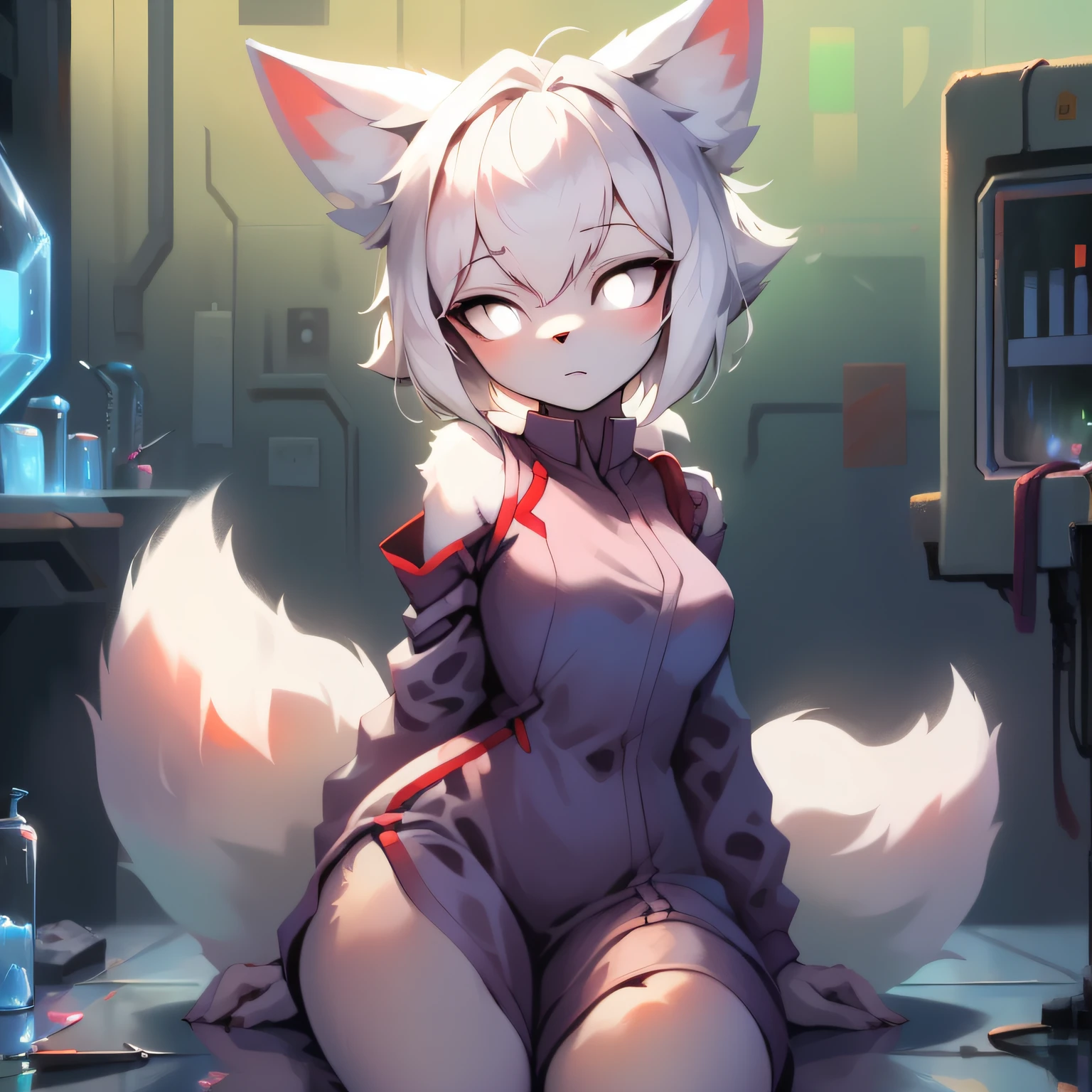 high res, girl, ((wolf)), anthro, fluffy furry neck and chest, (fluffy furry arms), sitting with legs spread, red hair, twin tails, (slender), lace hooded poncho, lace bra and panties, furry tail, ((protruding hips bones)), ((protruding glowing rib cage)), (extremely thin robot digitigrade legs), ((robot vagina)), night, snowy city alley