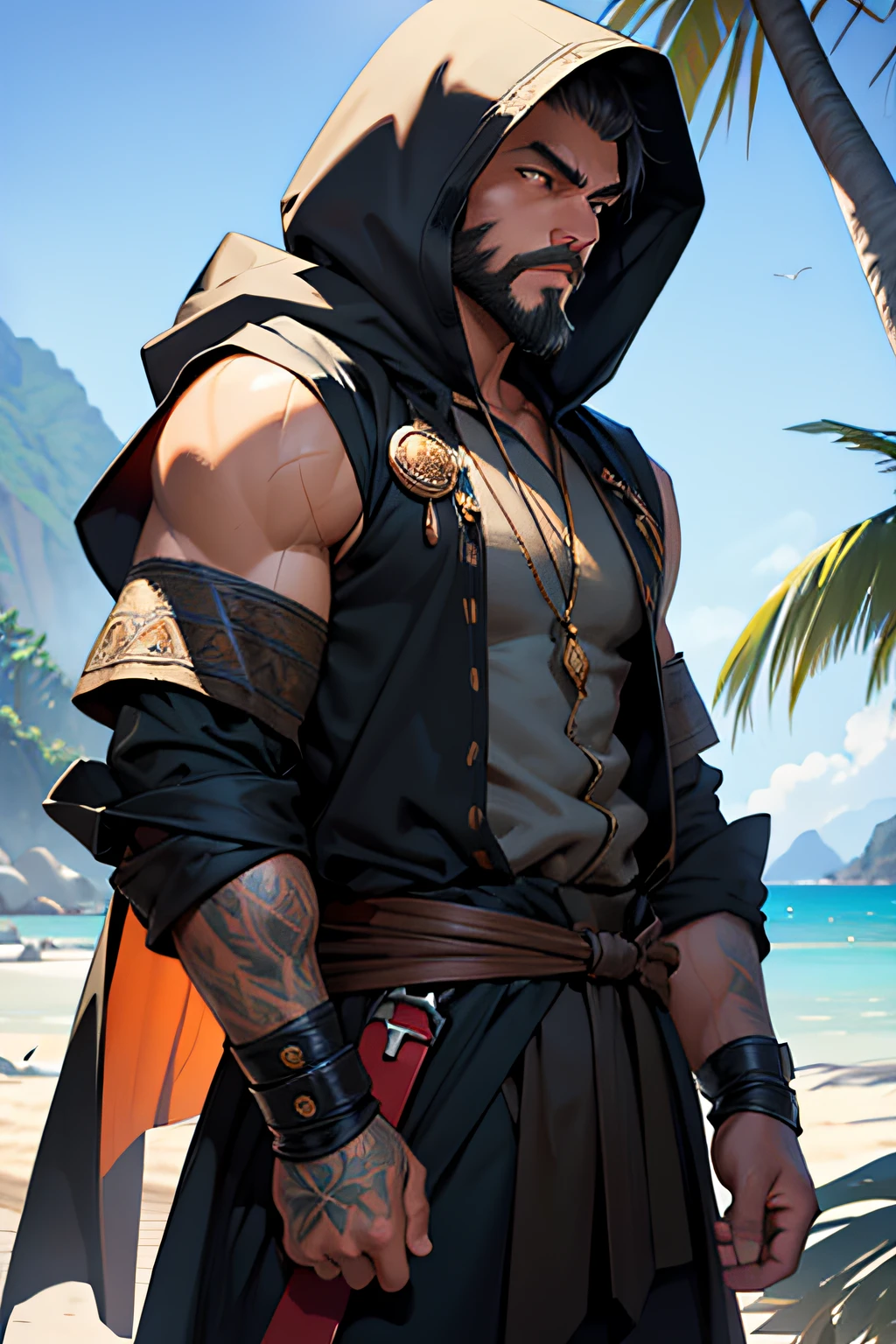 8k, RAW photo, best quality, masterpiece:1.2), (light:1.2), a detailed painting, clearly worked out detail, a man with a small beard, wearing a hood, fantasy clothes, rpg, dnd, eastern asian man, tall, lithe, intricate, cinematic, dim natural lighting, (high detailed skin:0.9), photography, raytracing, detailed face,(fresh beach:1.4), ((war moment)), high resolution, (ultra detailed:1,2), ultra realistic, (light skin), tactical vest, brutal, epic pose, ((serious face)), head, black hood up