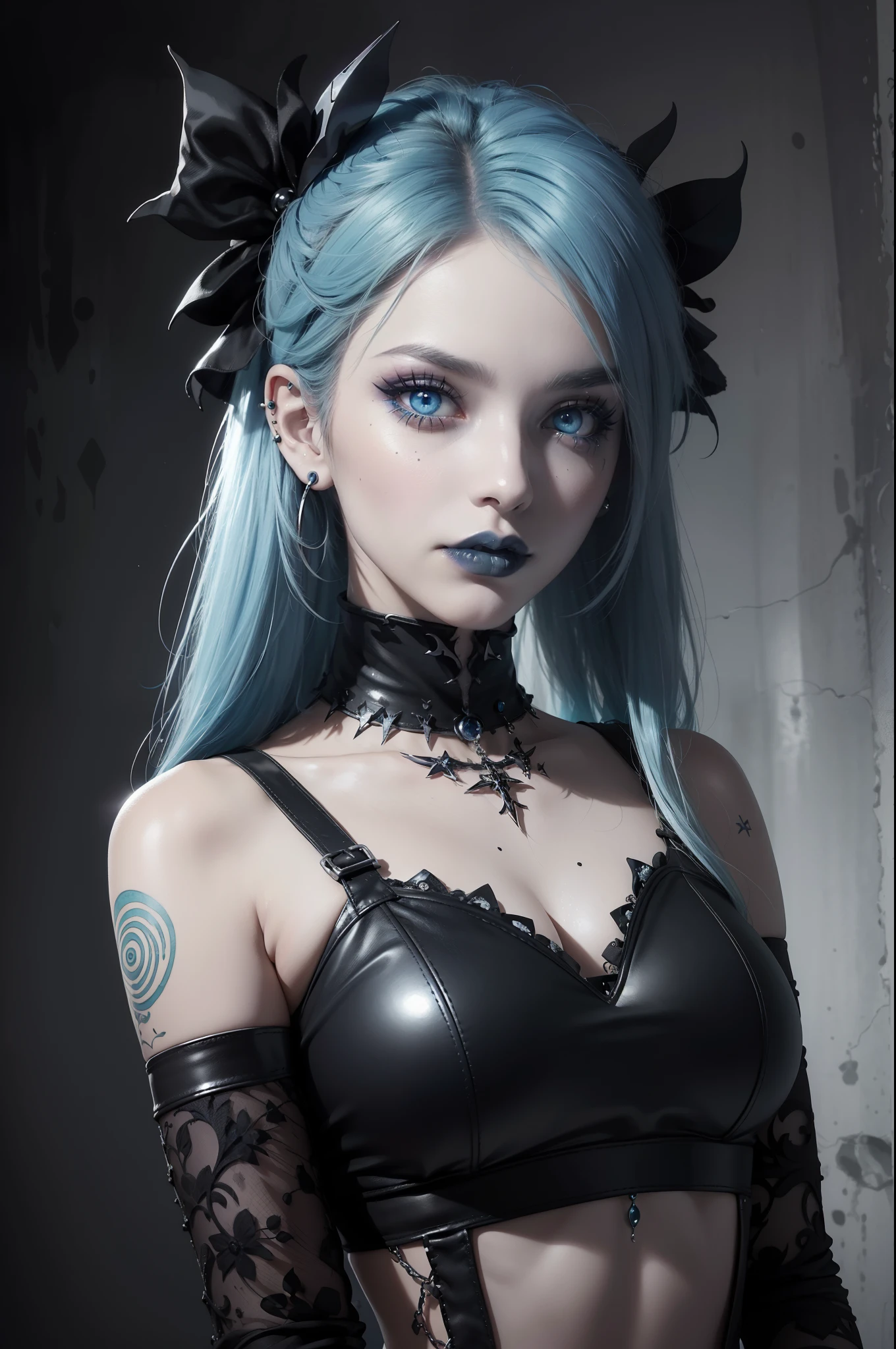 a gothic girl with long blue hair, detailed face, large breasts, beautiful blue eyes, delicate facial features, intricate makeup, choker necklace, corset top, detailed clothing, dramatic lighting, cinematic composition, dark moody atmosphere, muted color palette, dramatic shadows, digital art, 8k, best quality, highly detailed, photorealistic