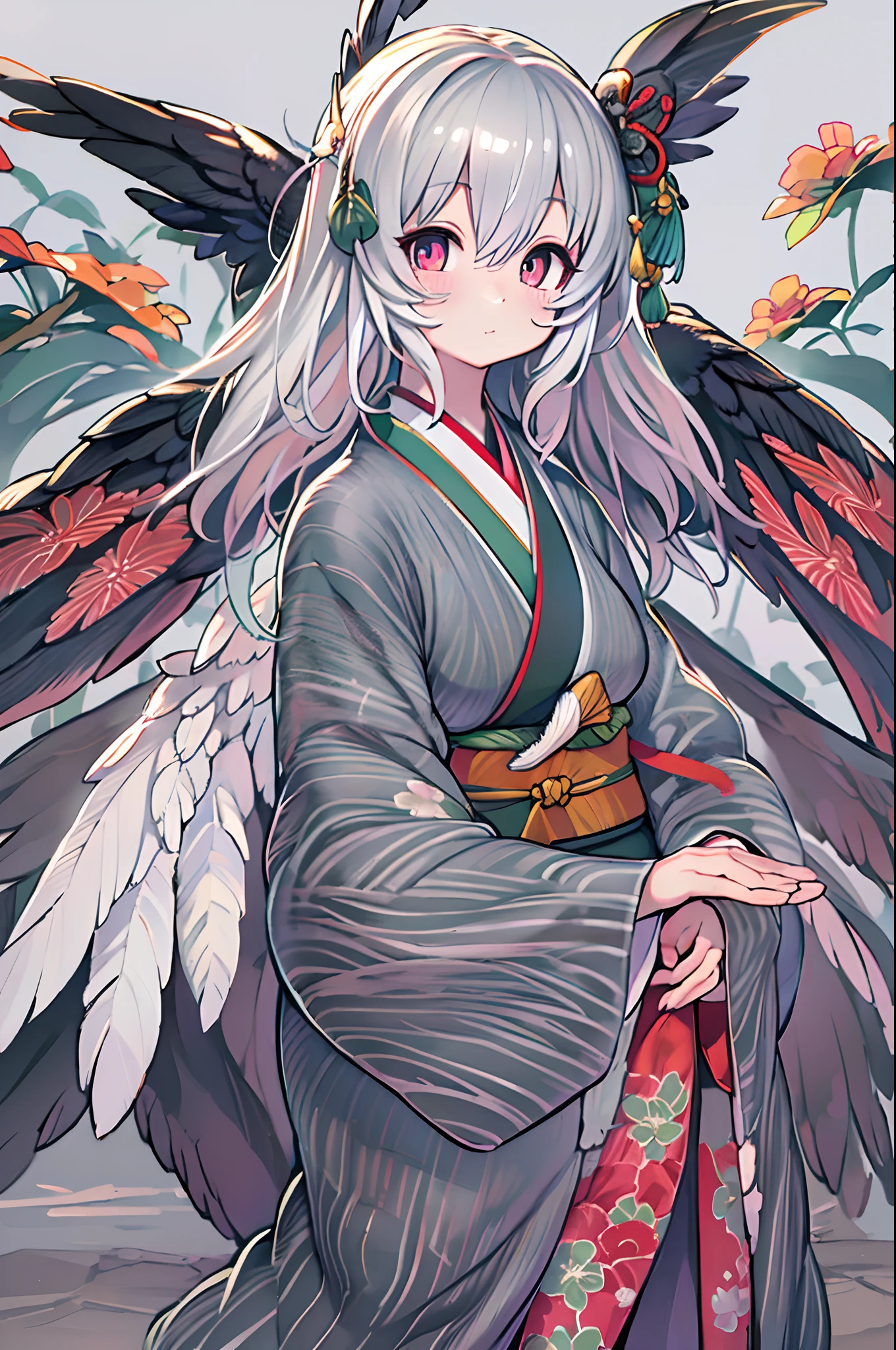 Female tengu, Onmyoji, Bird's beak, Shaggy, Gray hair, White feathers, long wings, Purple pupils, Kimono, Japanese style, Simple background