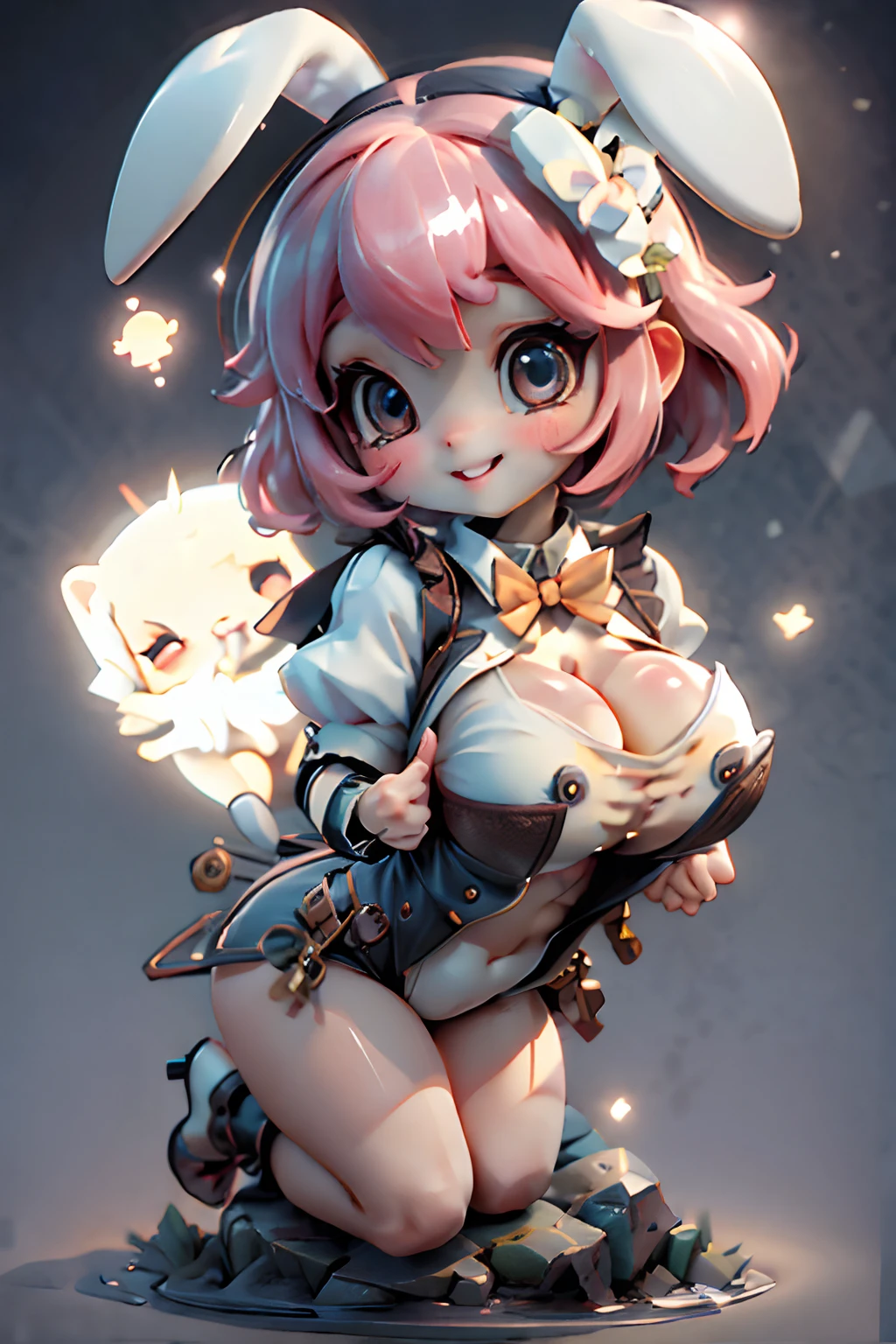 masterpiece、top-quality、hight resolution、8K、Backshots、tchibi、1beautiful girl、Little Rabbit Girl、Big eyes、kawaii eyes、short-hair、A pink-haired、(Mimi the big white rabbit)、((Colossal tits、cleavage of the breast))、Smile with open mouth、White Cyber Bondage、teak、Focus on the buttocks、Ass up、Jump from the top of a skyscraper、BASE jumping、dynamicposes、
